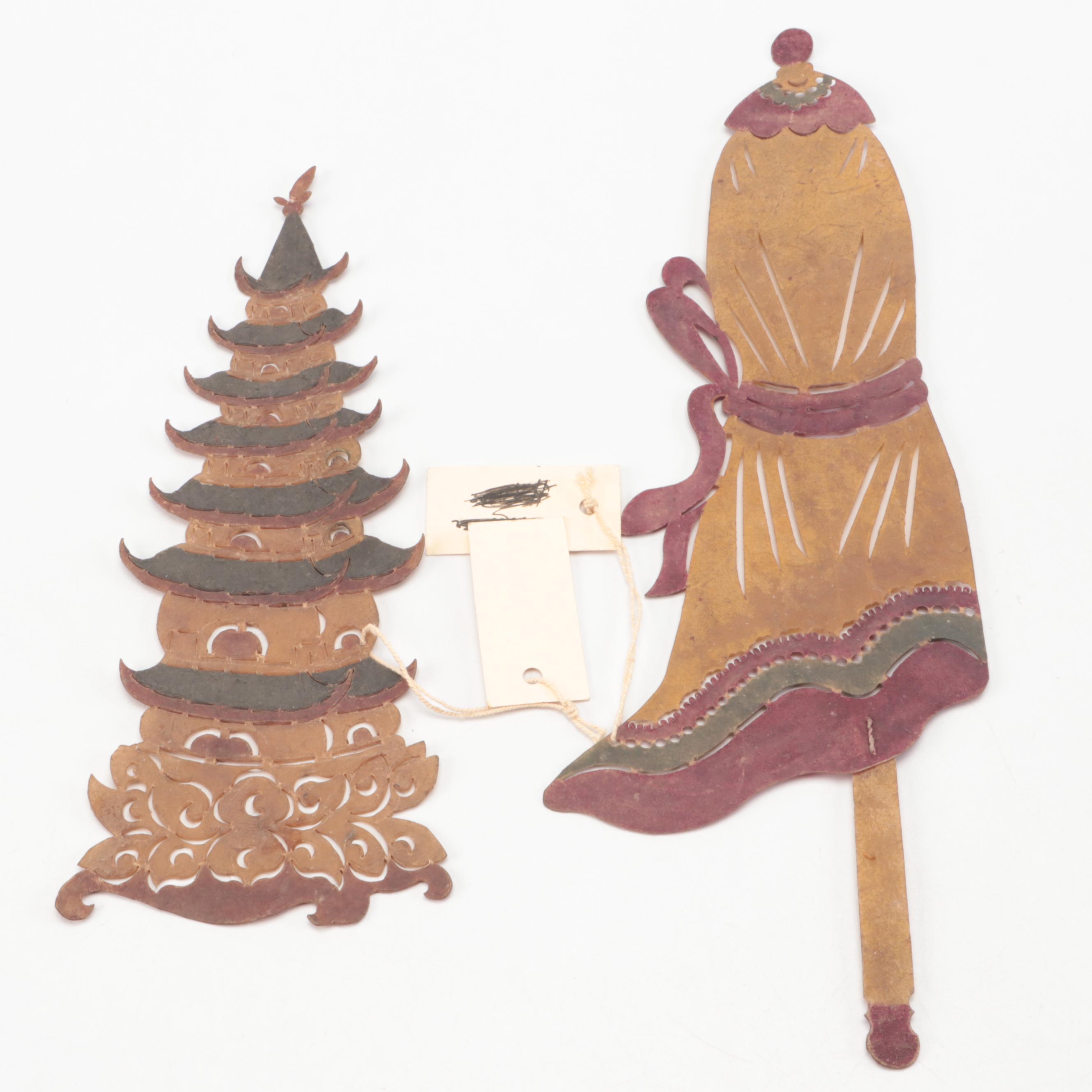 Chinese Pagoda and Umbrella Vellum Chinese Shadow Puppet Accessories, Circa 1870