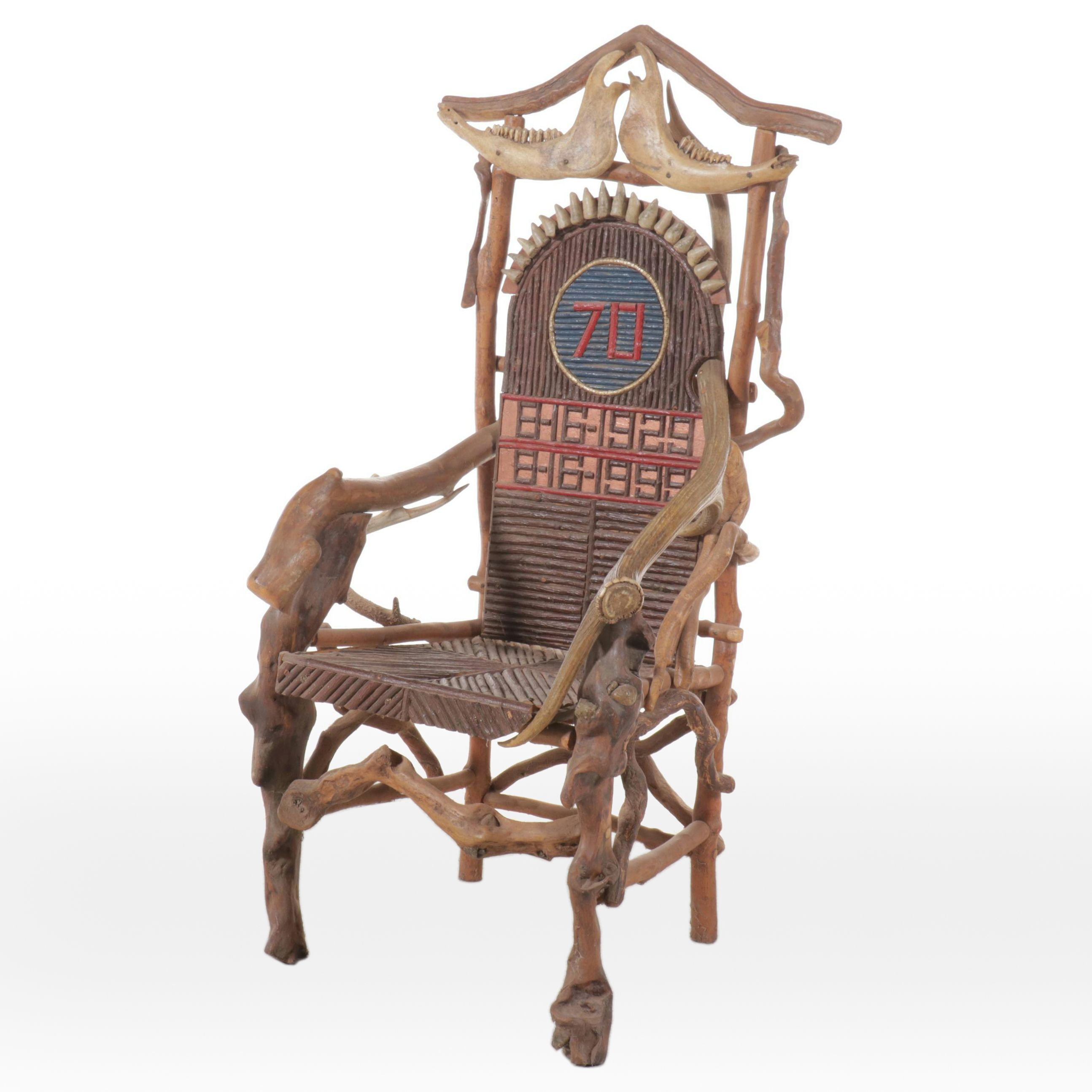 Robert Beaven Adirondack Style Root Wood Armchair with Jawbone Accents, 1999