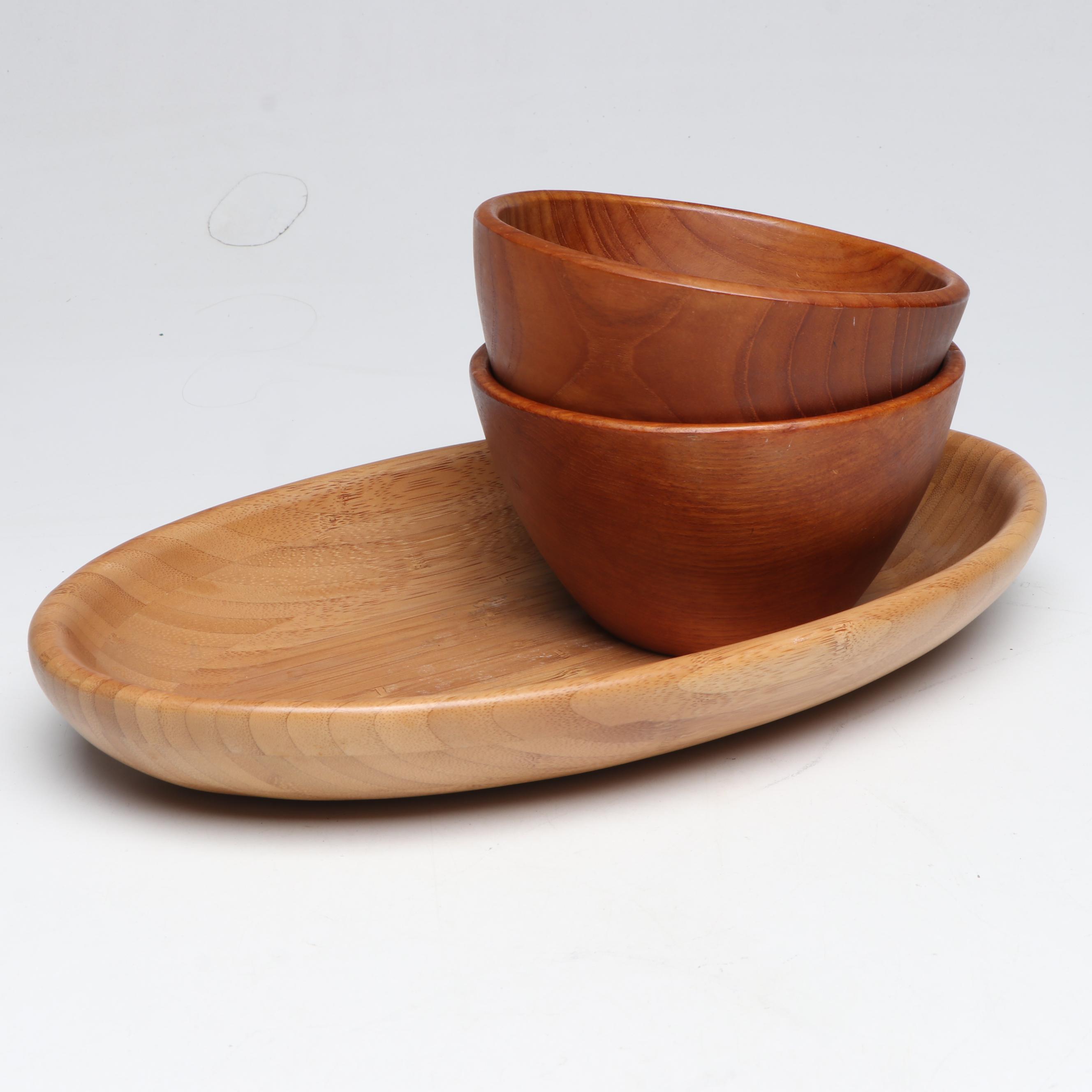 Pair Of Turned Wooden Bowls and Bamboo Tray