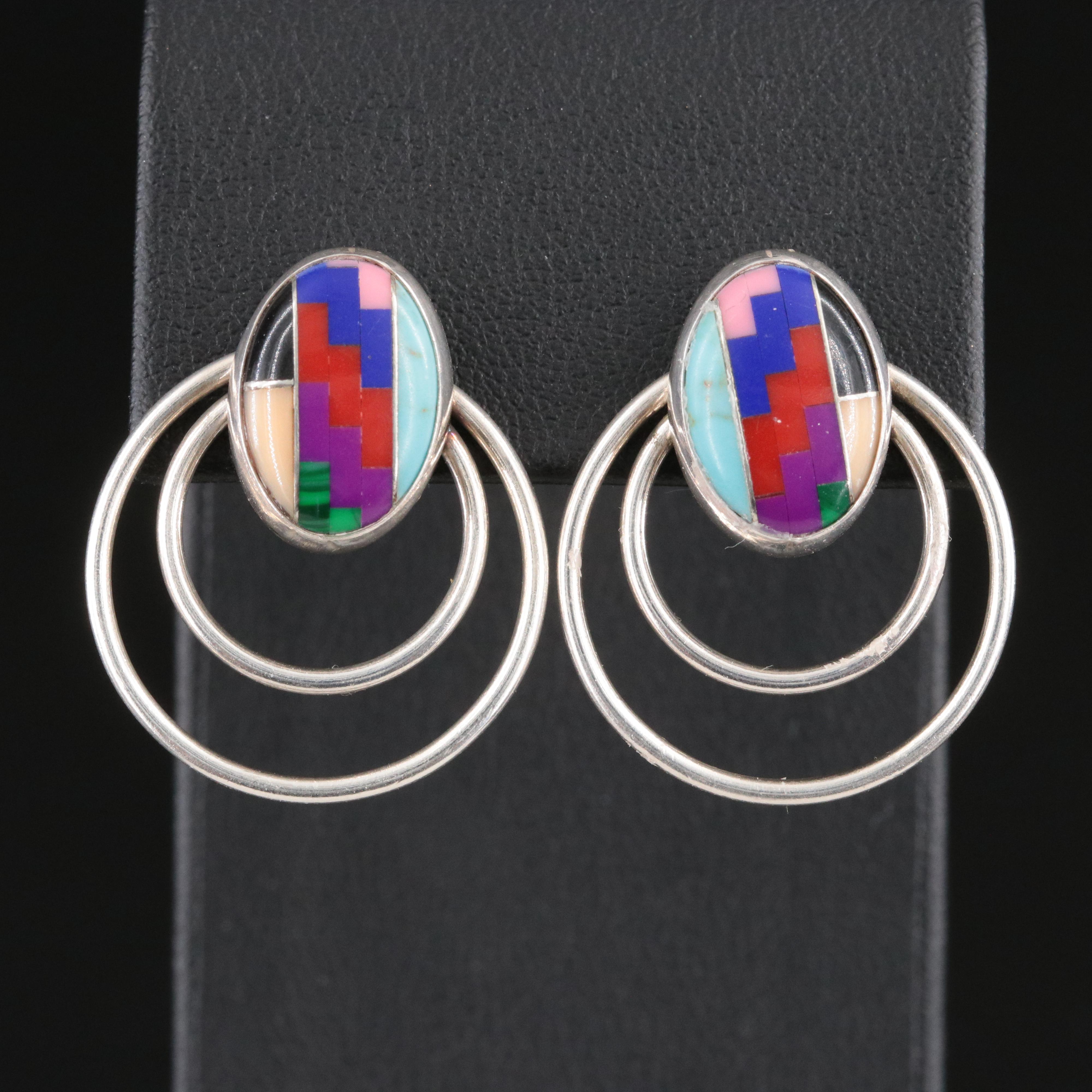 Sterling Mosaic Earrings with Turquoise, Black Onyx and Coral