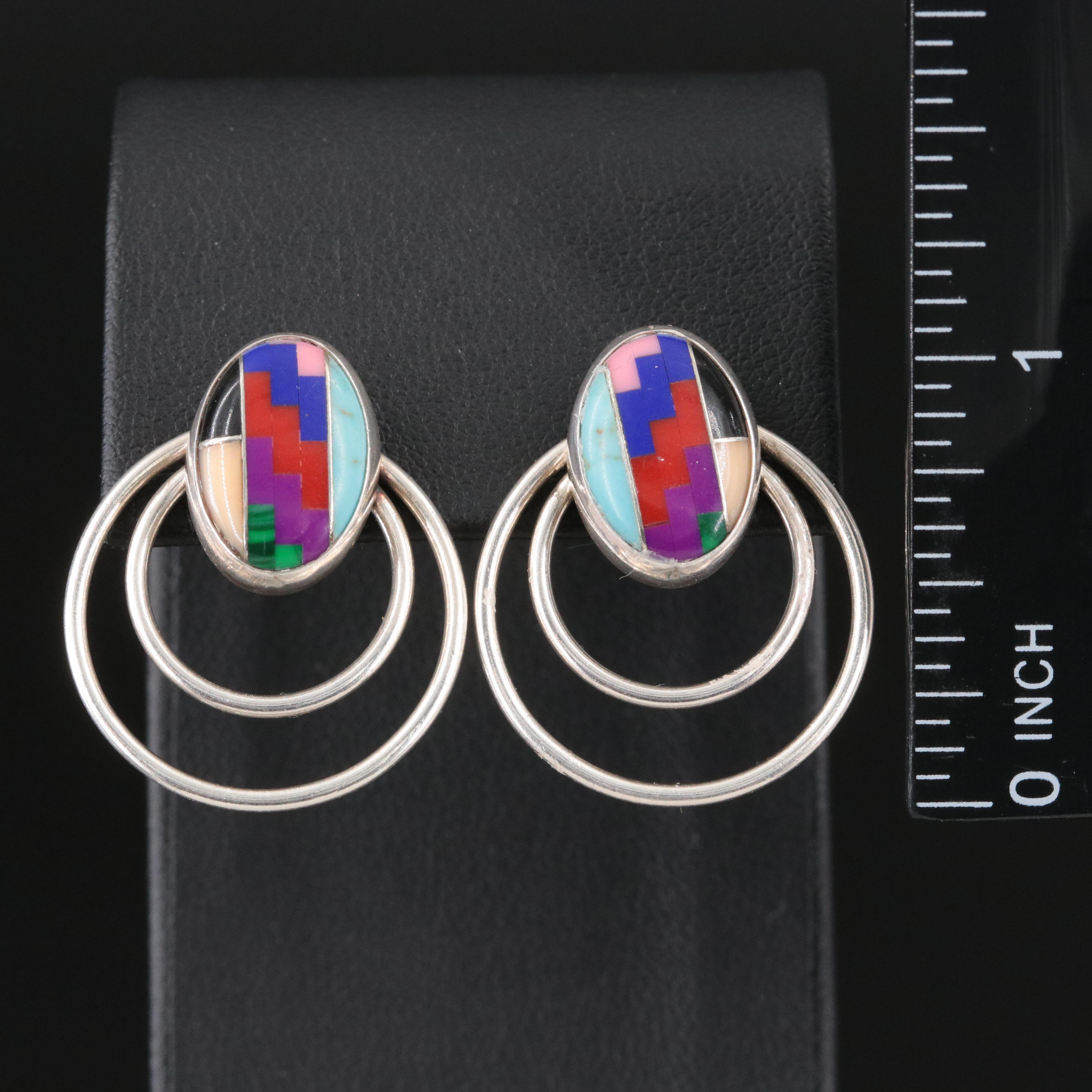 Sterling Mosaic Earrings with Turquoise, Black Onyx and Coral