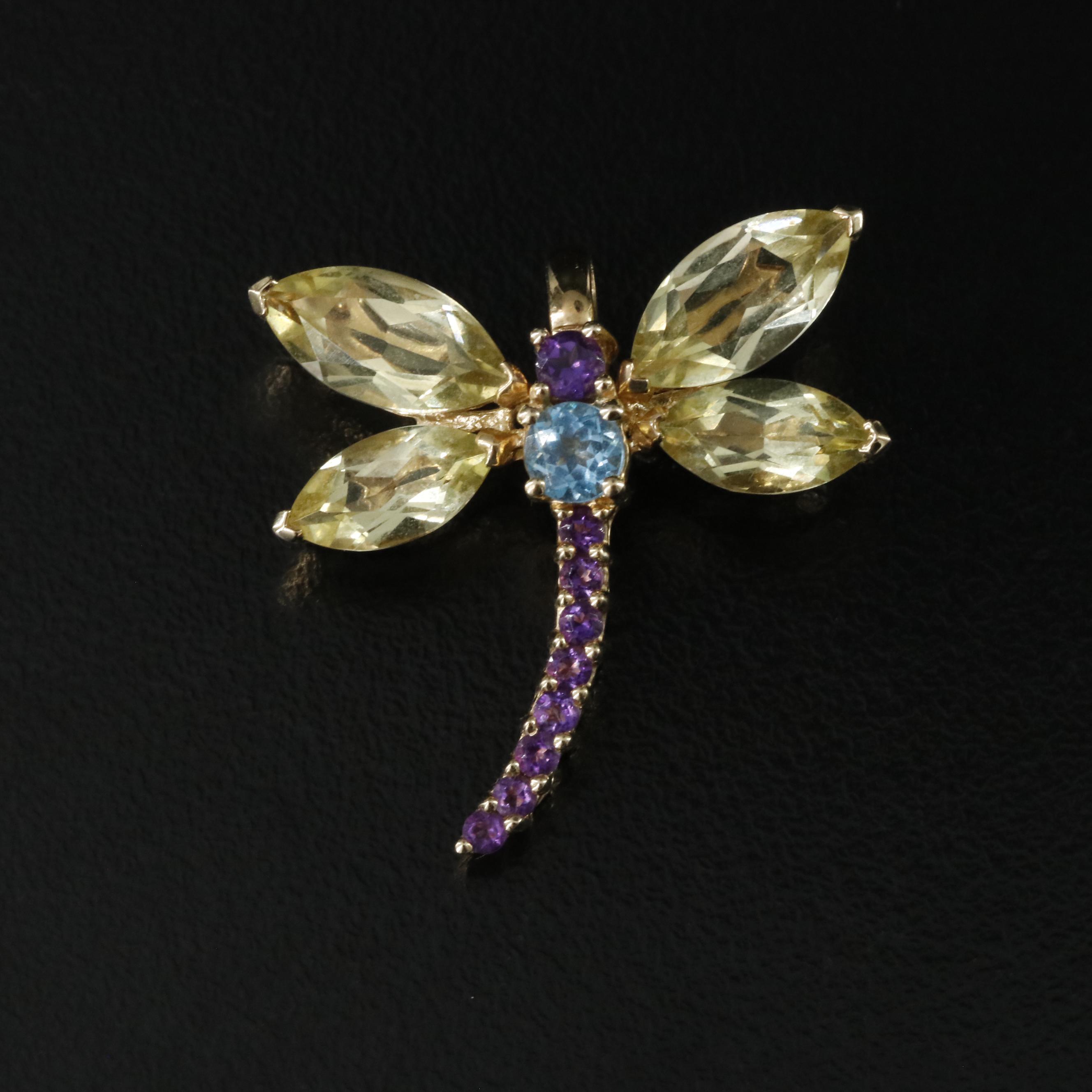 14K Quartz, Amethyst and Blue Topaz Dragonfly Converter Pendant