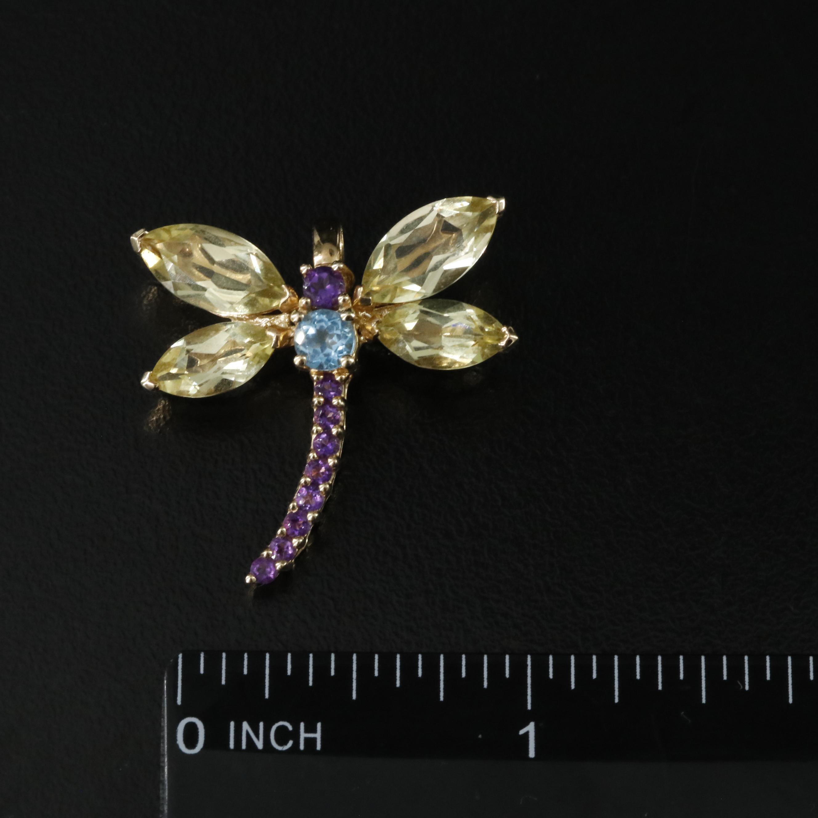 14K Quartz, Amethyst and Blue Topaz Dragonfly Converter Pendant