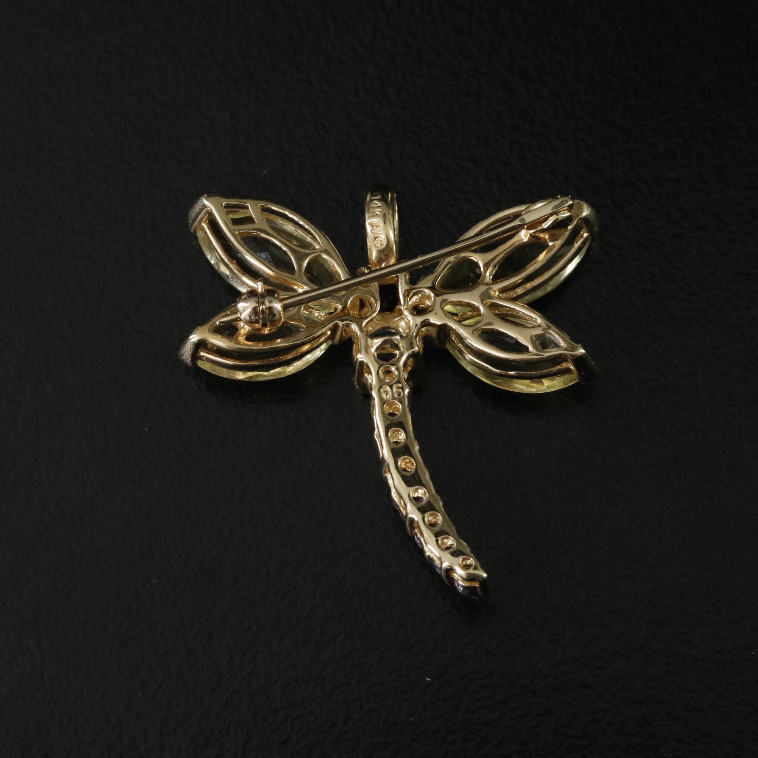 14K Quartz, Amethyst and Blue Topaz Dragonfly Converter Pendant