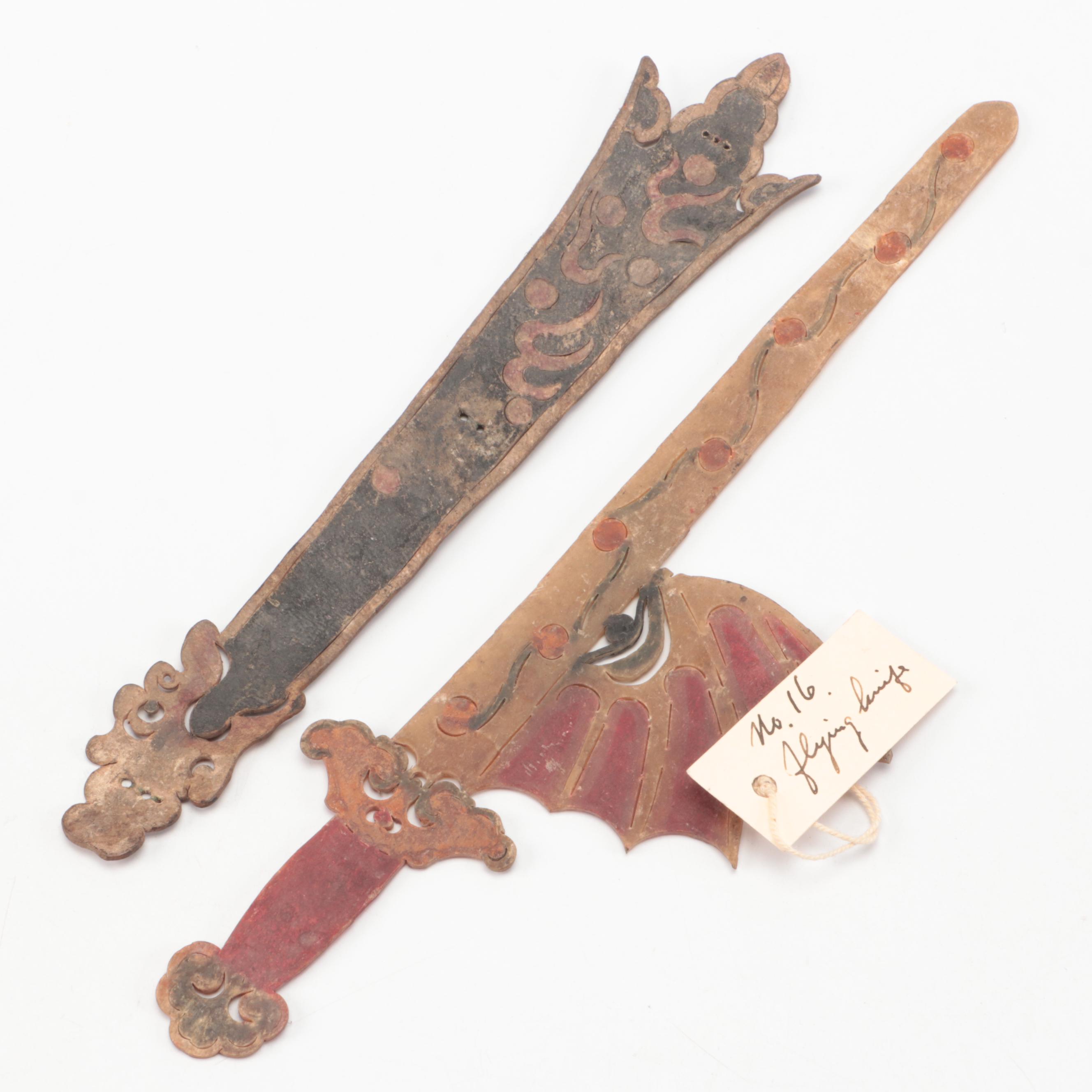 Chinese Flying Dagger and Sword Vellum Shadow Puppet Accessories, Circa 1870