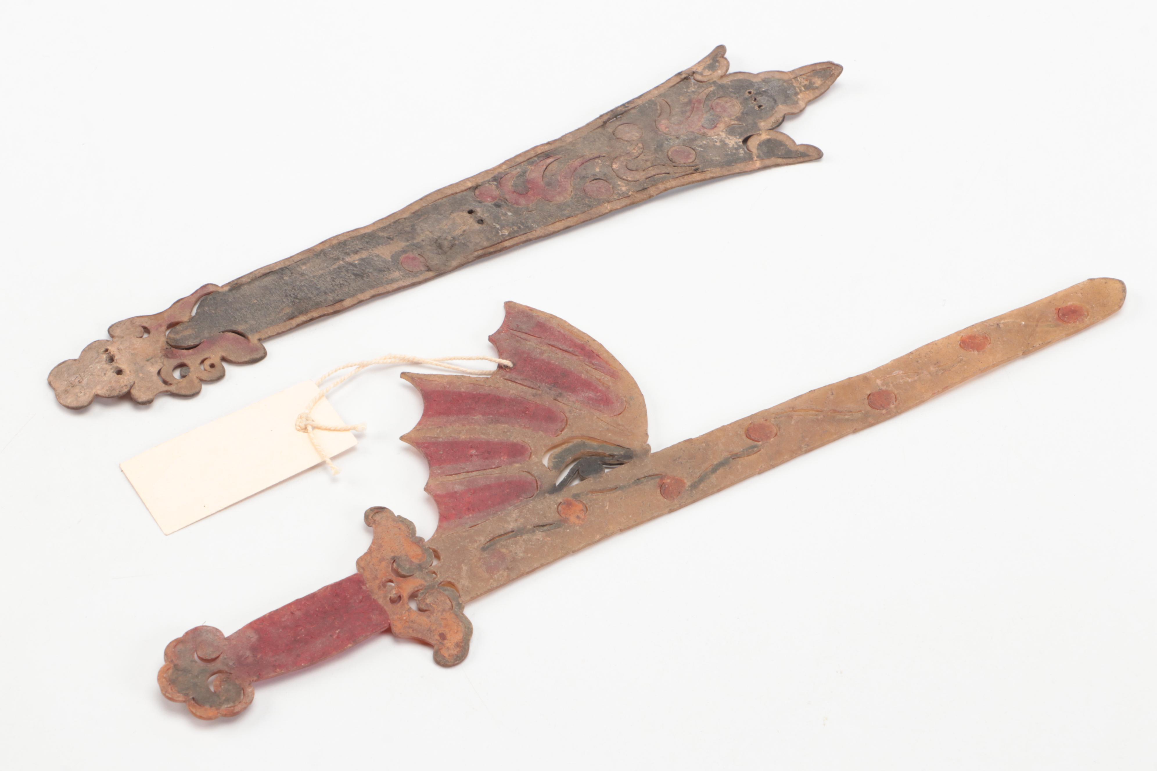 Chinese Flying Dagger and Sword Vellum Shadow Puppet Accessories, Circa 1870