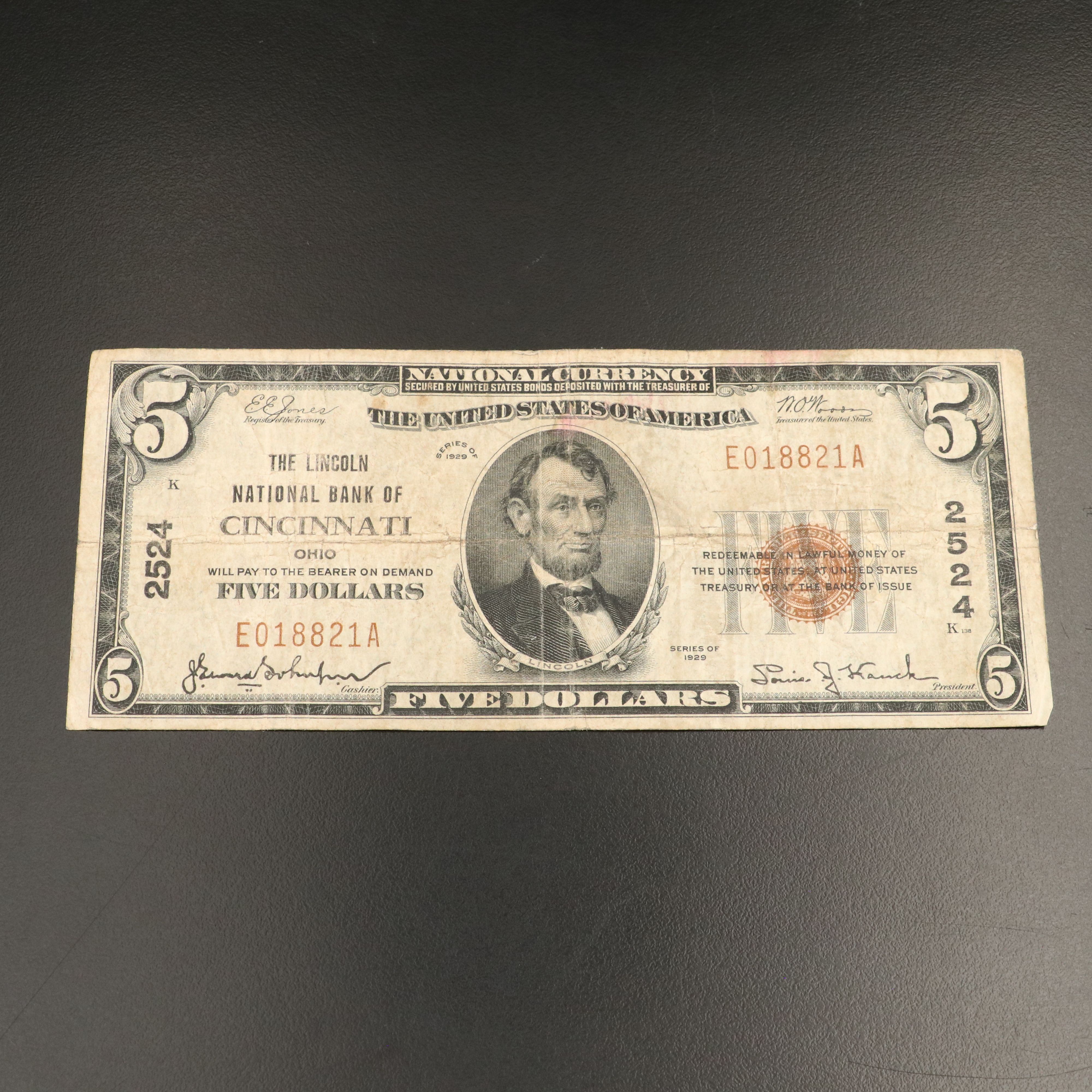 1929 Five Dollar National Bank Note From The Lincoln National Bank  Cincinnati
