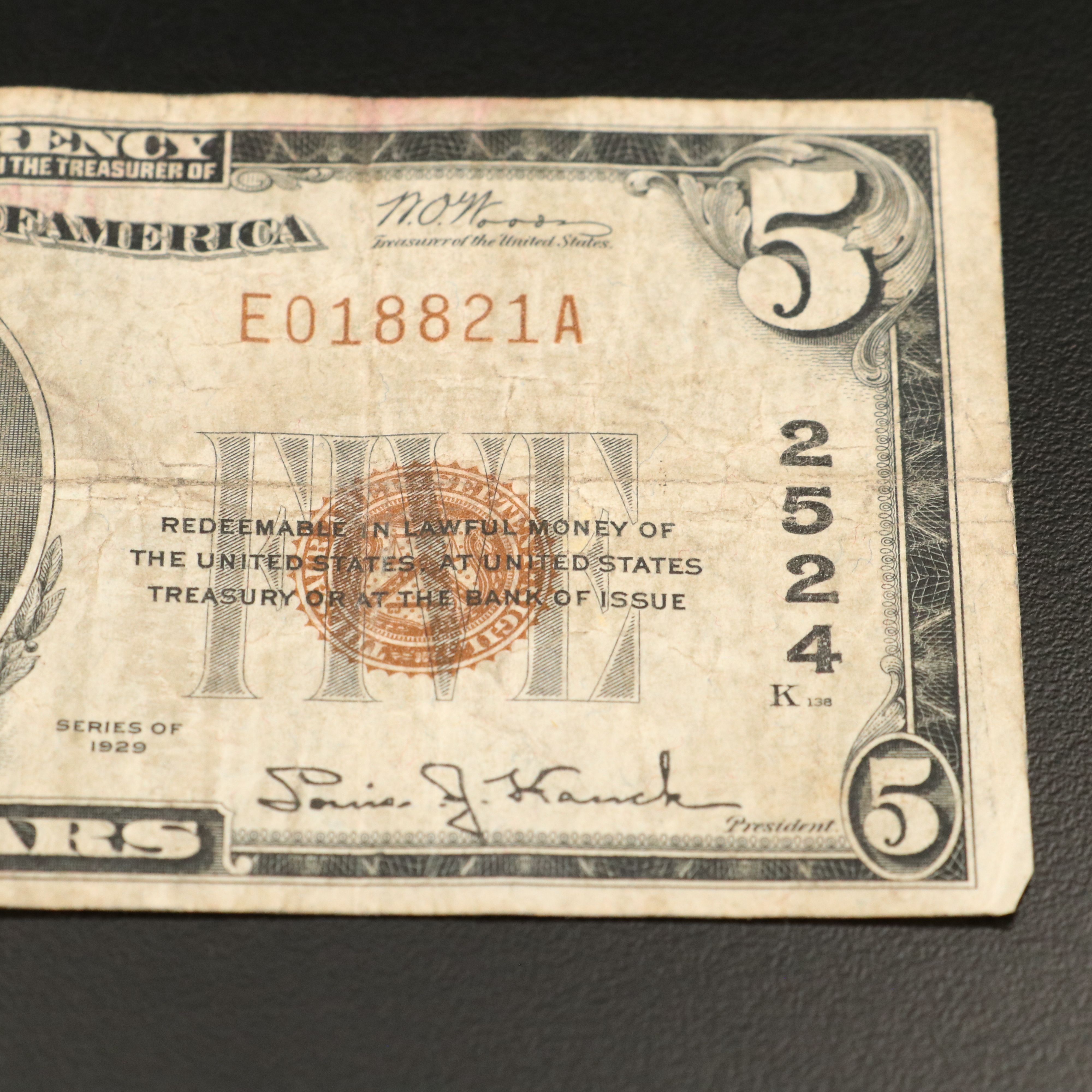 1929 Five Dollar National Bank Note From The Lincoln National Bank  Cincinnati