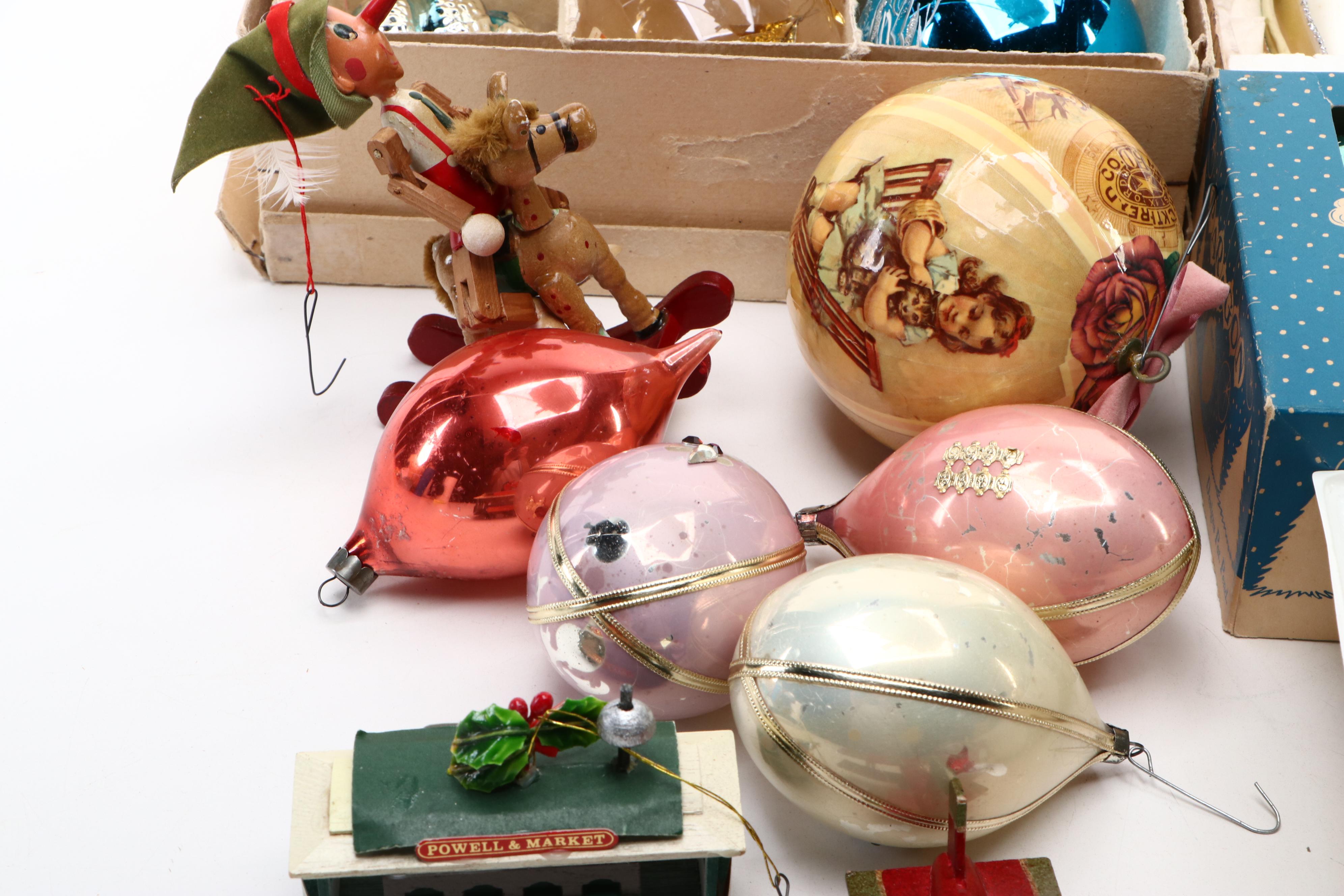 Vintage Silvered Glass with Other Christmas Ornaments, Figurines and More