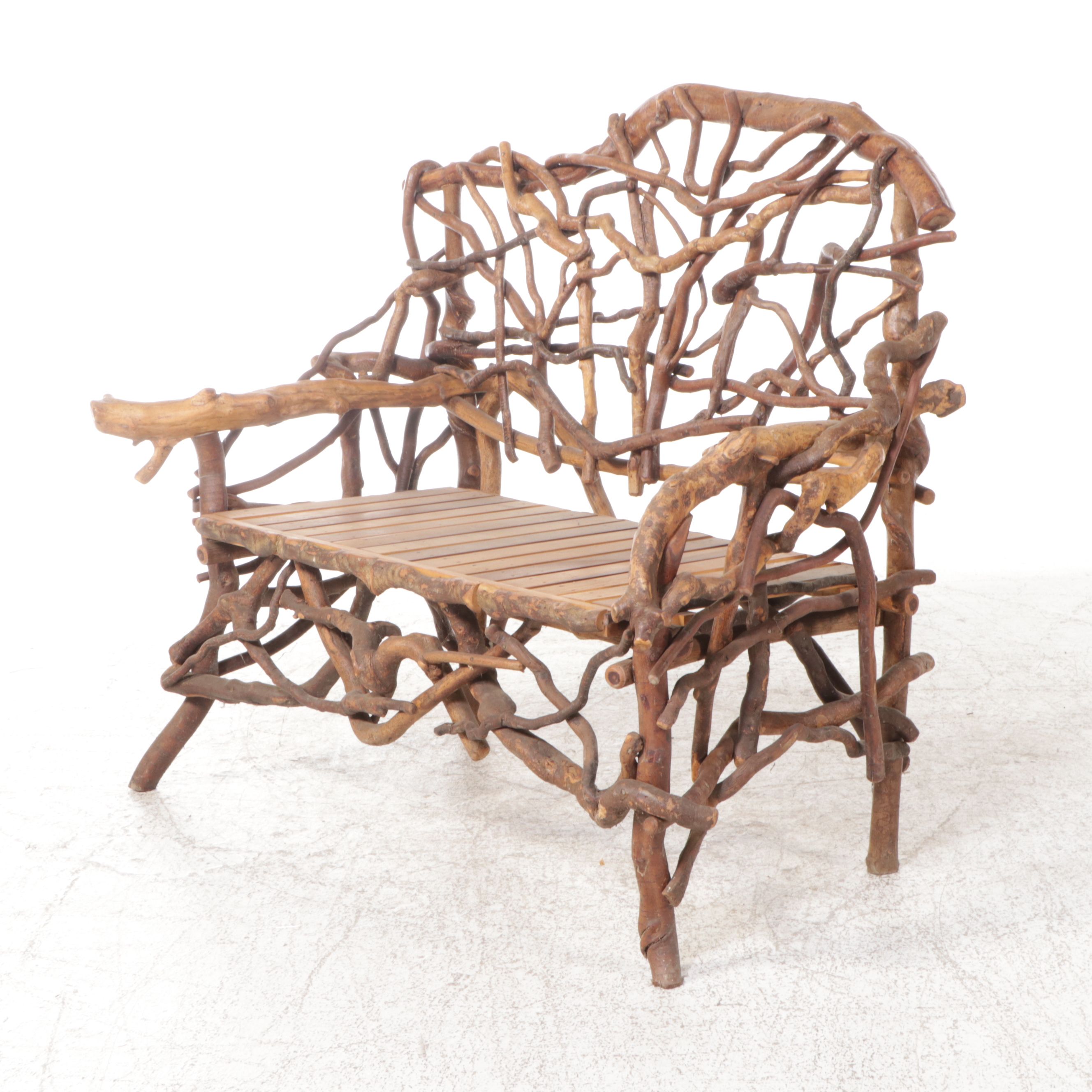 Robert Beaven Adirondack Style Handmade Poplar and Root Wood Settee