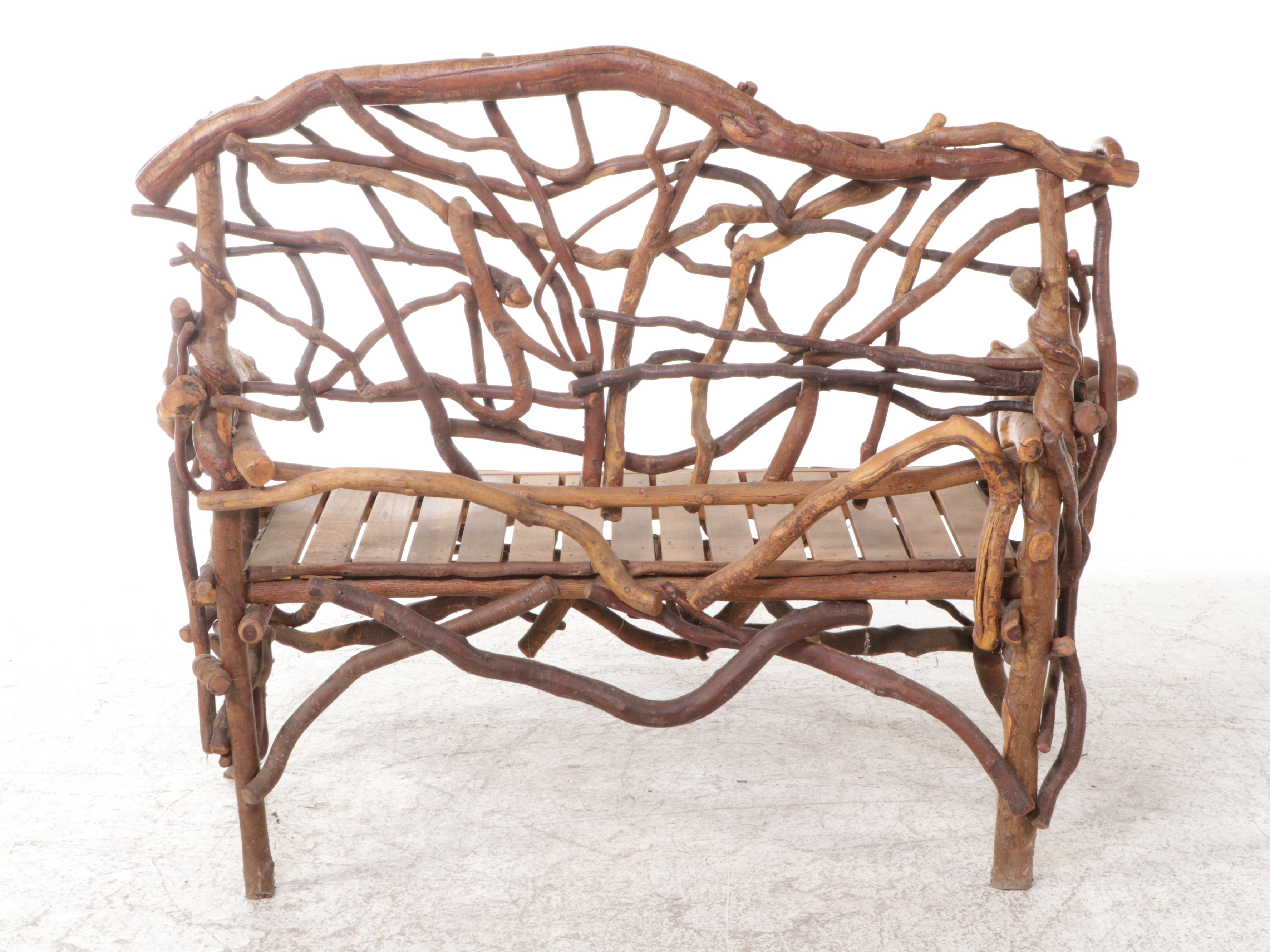 Robert Beaven Adirondack Style Handmade Poplar and Root Wood Settee
