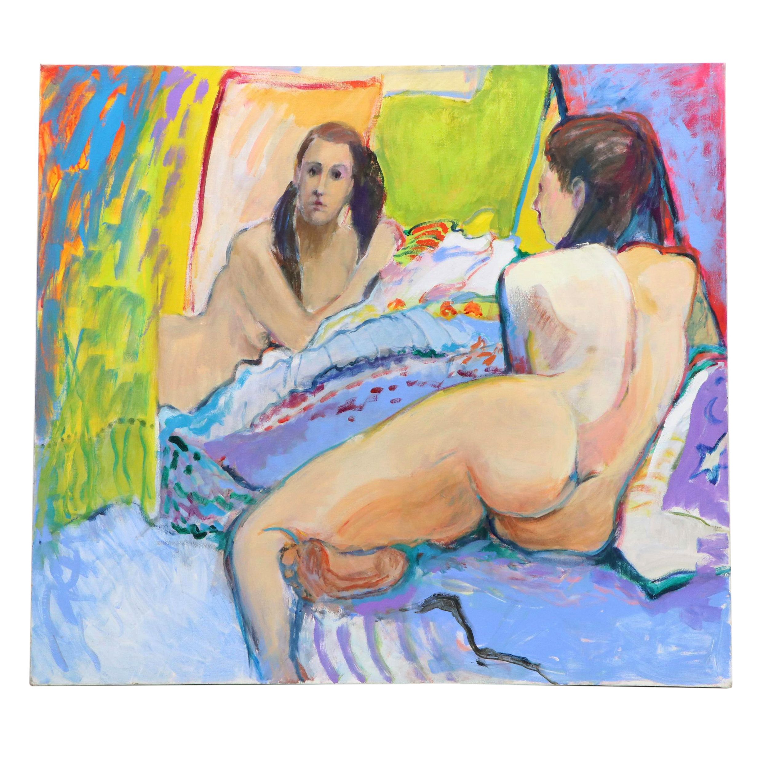 Vibrant Nude Figural Acrylic Painting with Woman and Mirror