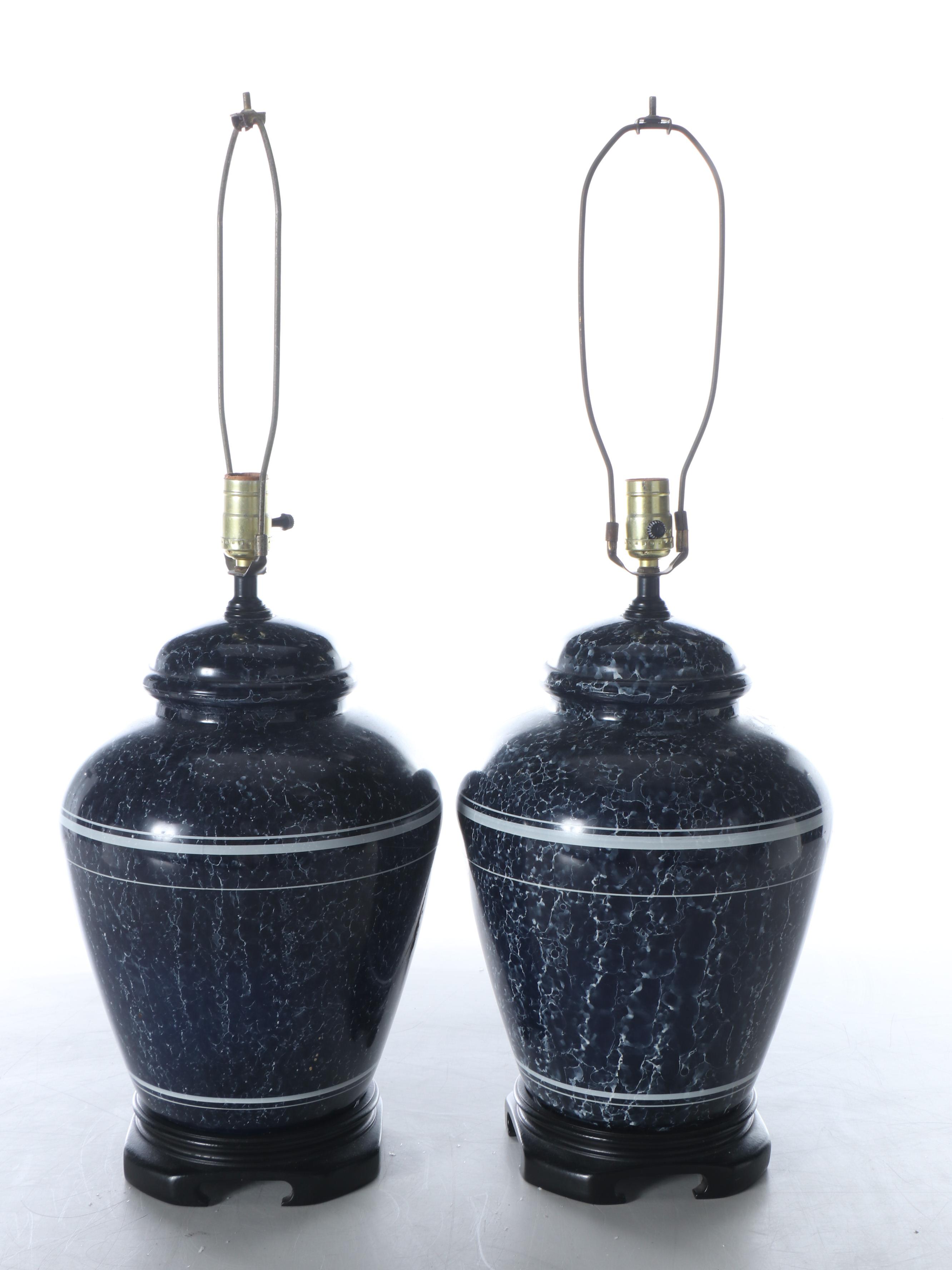 Blue and White Urn Ceramic Table Lamps on Wood Base with Pleated Fabric Shades