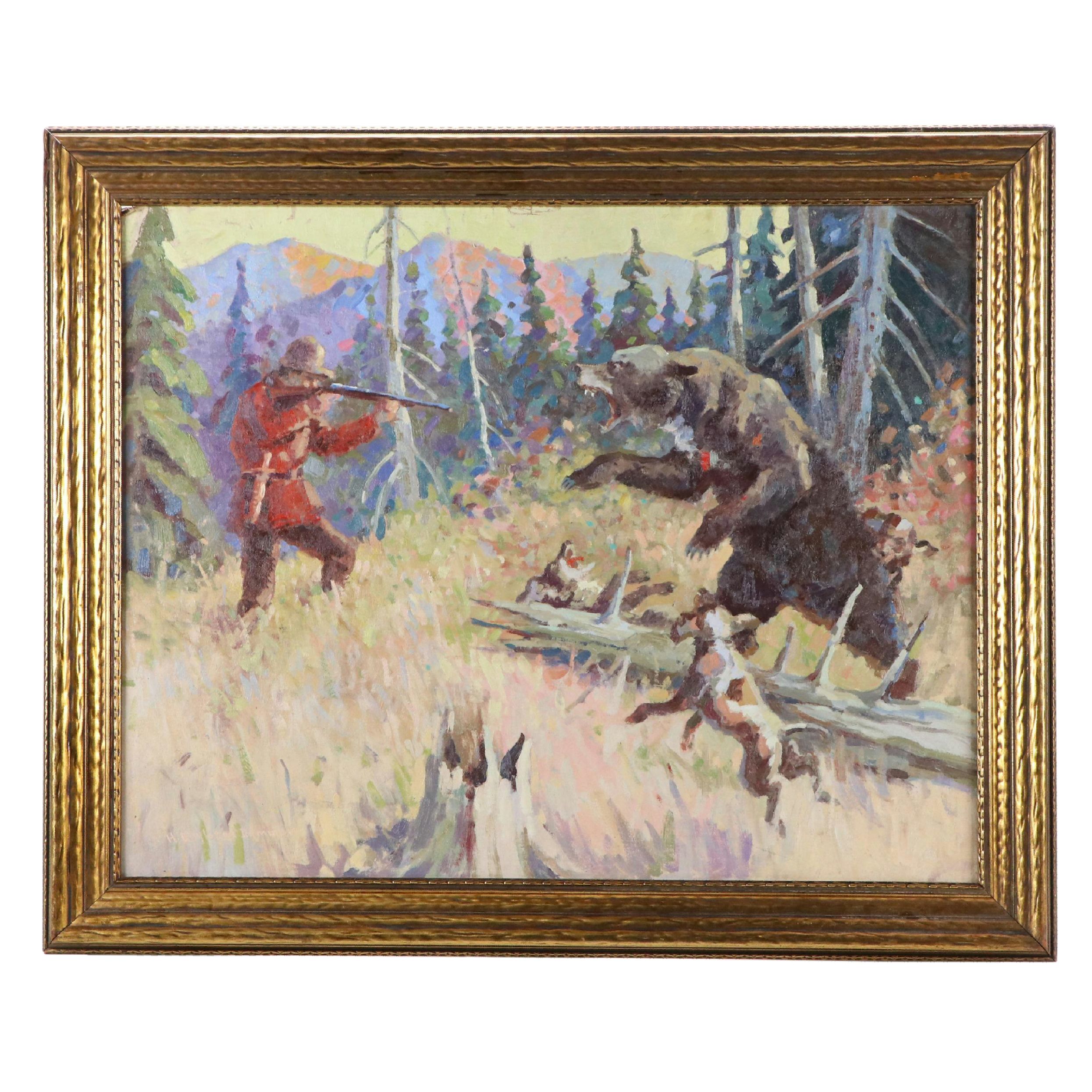 H. Boylston Dummer Oil Painting of Hunting Scene with Bear and Dogs, 1938
