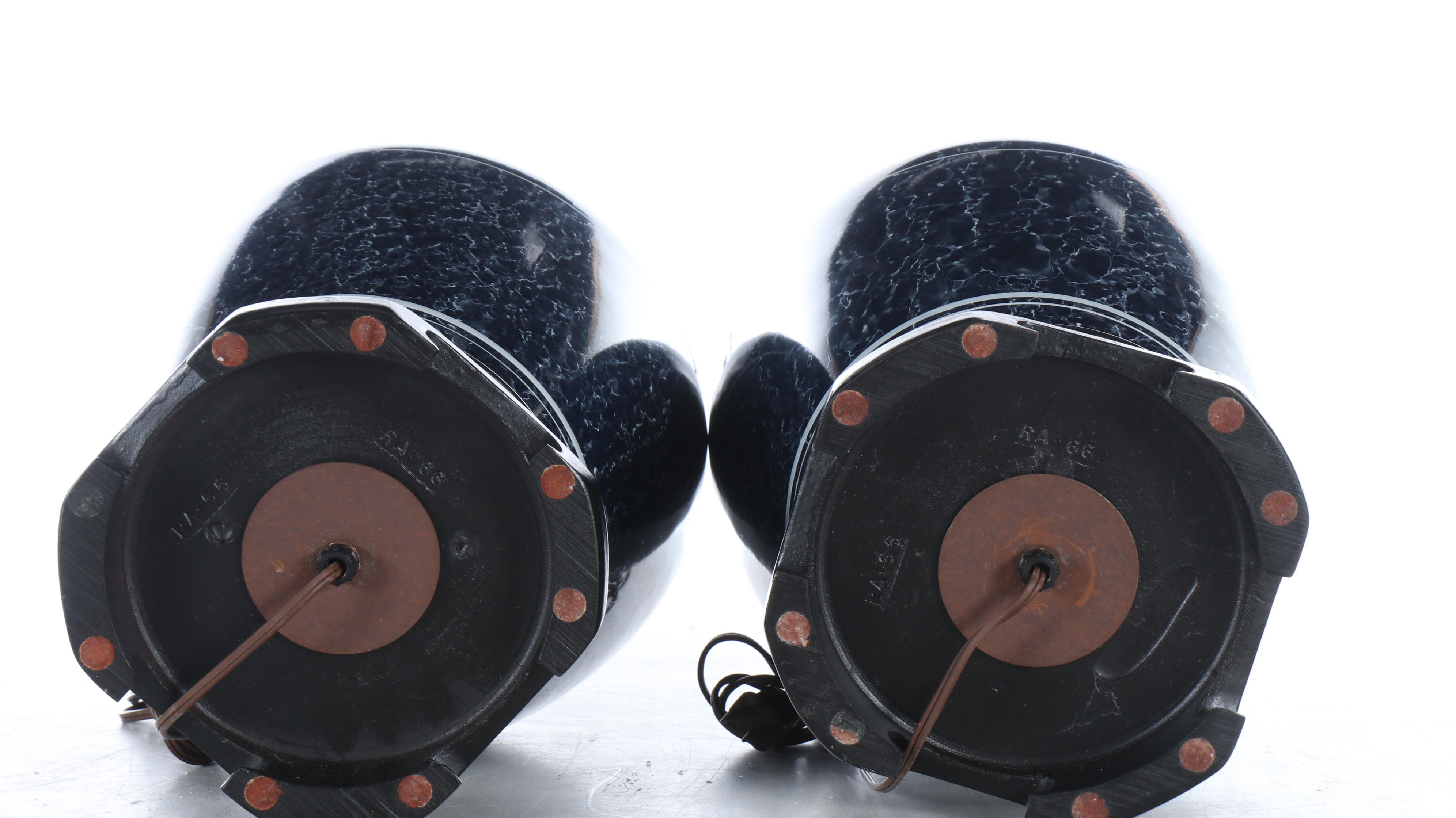 Blue and White Urn Ceramic Table Lamps on Wood Base with Pleated Fabric Shades