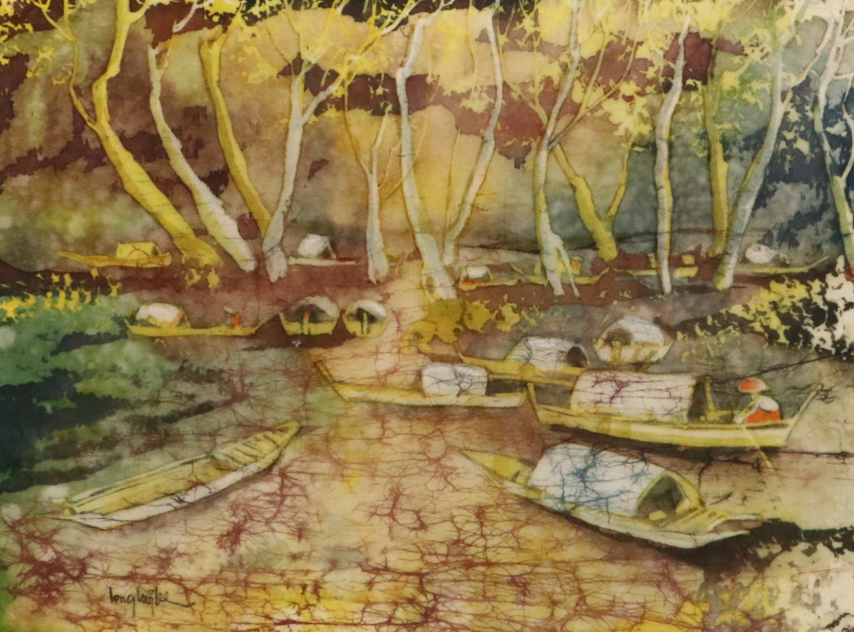 Lee Long Looi Watercolor Painting of River Boats in Forest, Late 20th Century