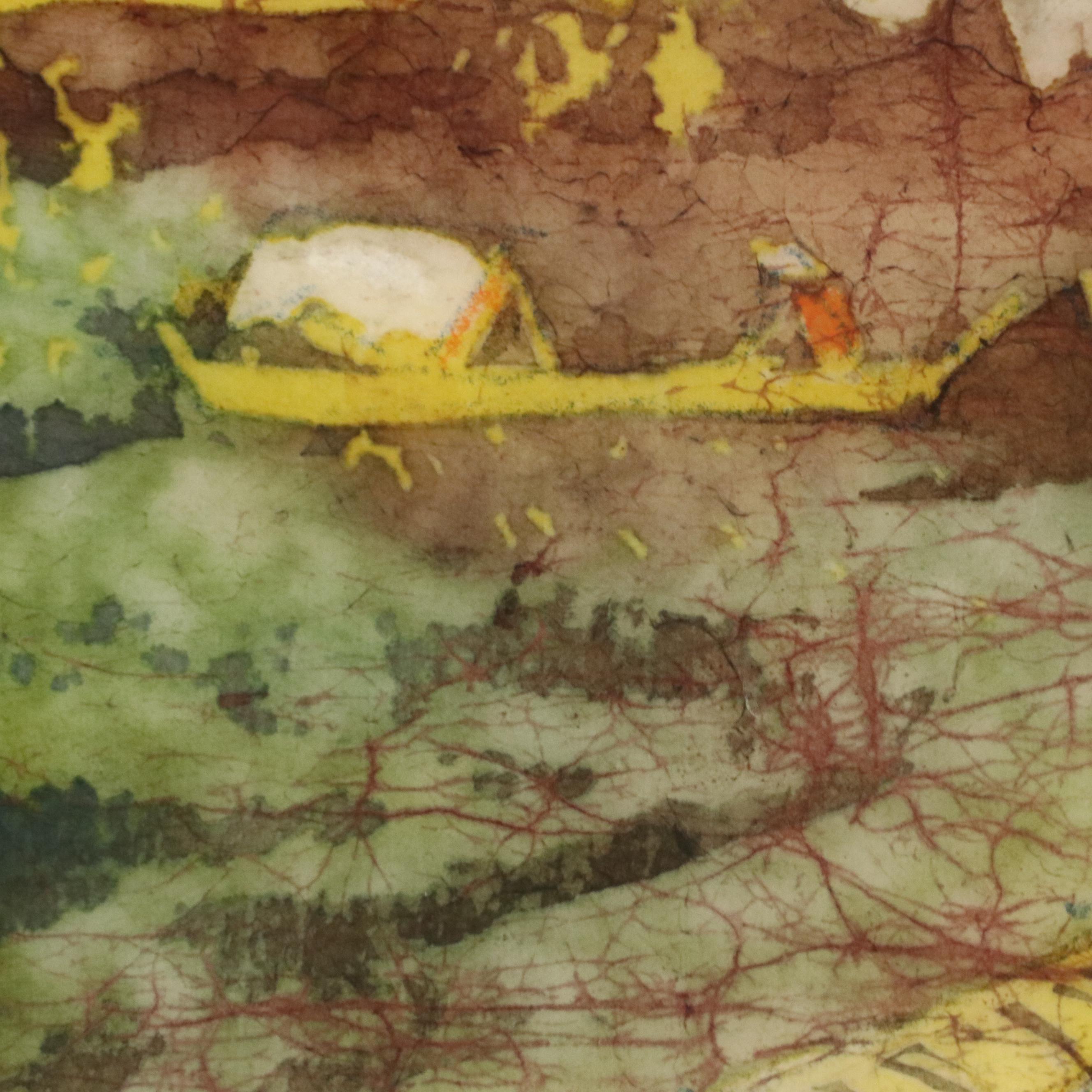 Lee Long Looi Watercolor Painting of River Boats in Forest, Late 20th Century