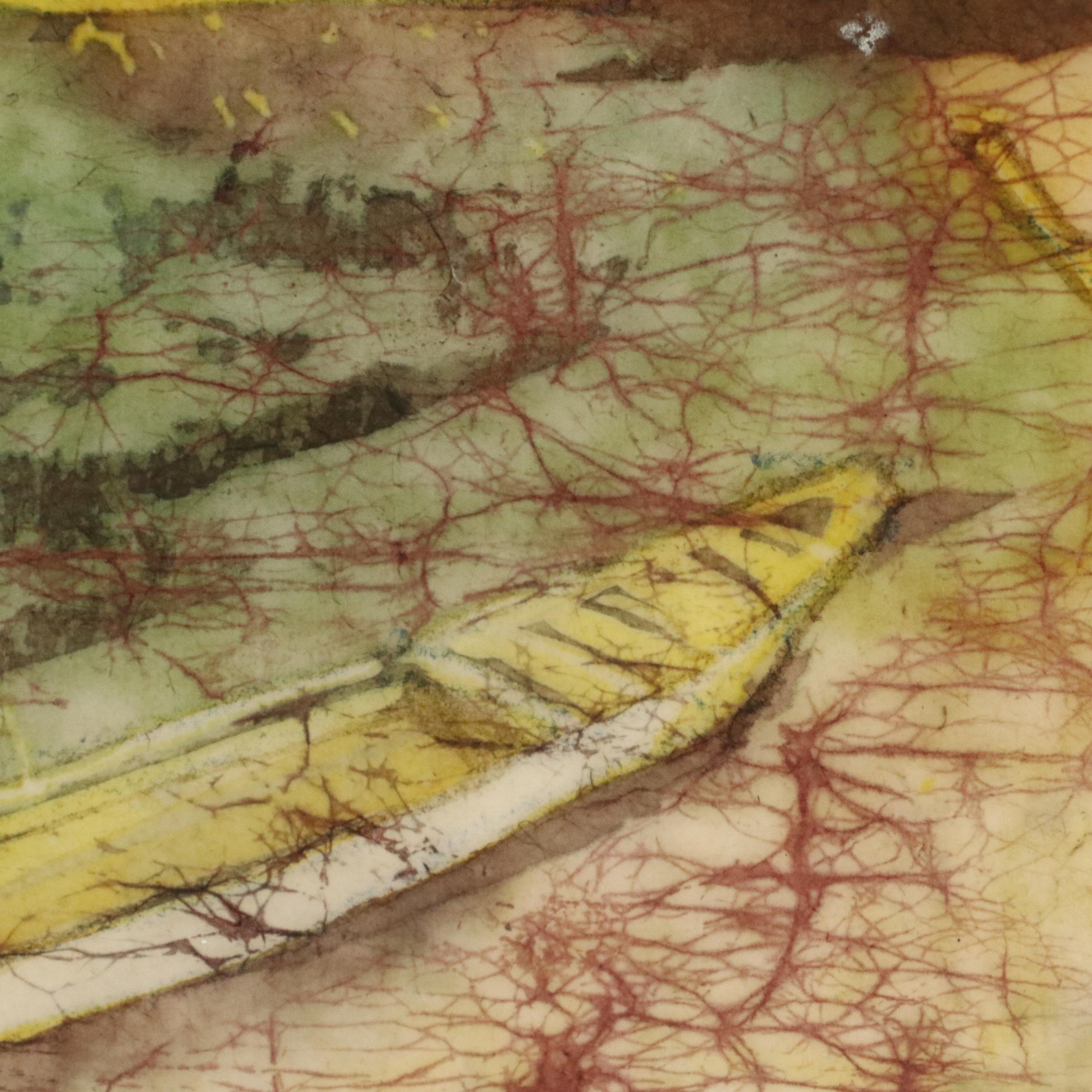 Lee Long Looi Watercolor Painting of River Boats in Forest, Late 20th Century