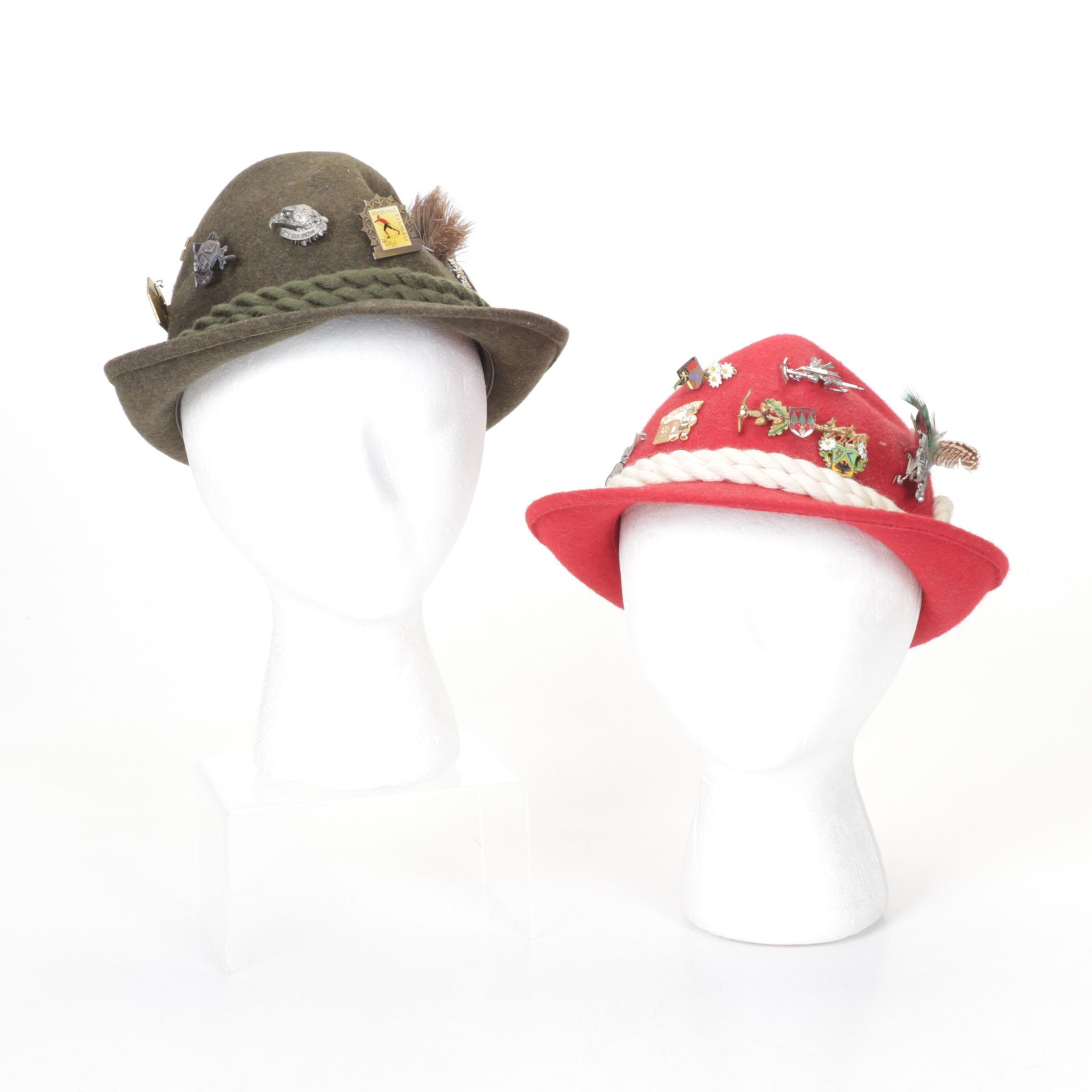 Matterhorn Olive and Red Wool Fedoras with Oktoberfest Pins, Feathers and More