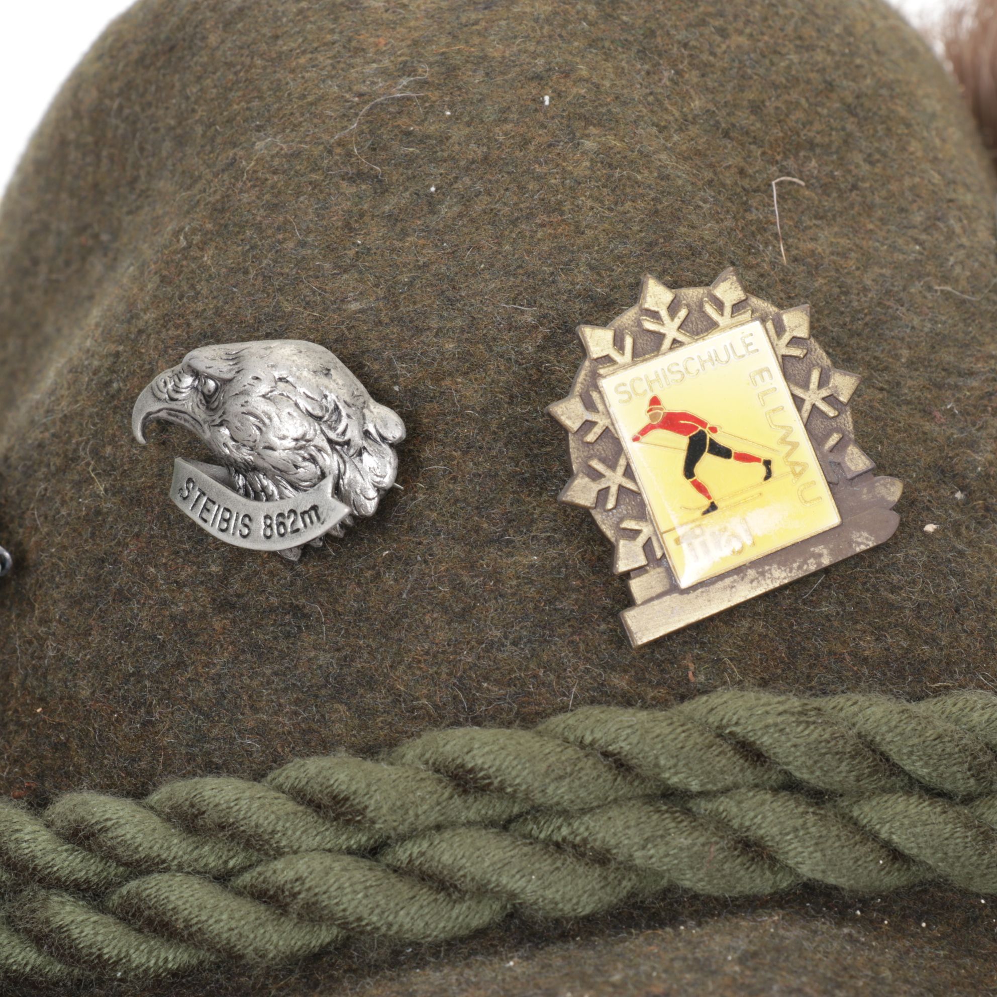 Matterhorn Olive and Red Wool Fedoras with Oktoberfest Pins, Feathers and More