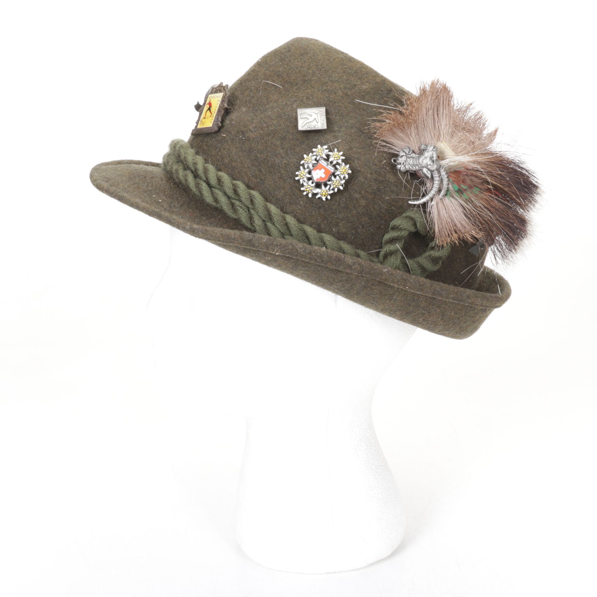 Matterhorn Olive and Red Wool Fedoras with Oktoberfest Pins, Feathers and More