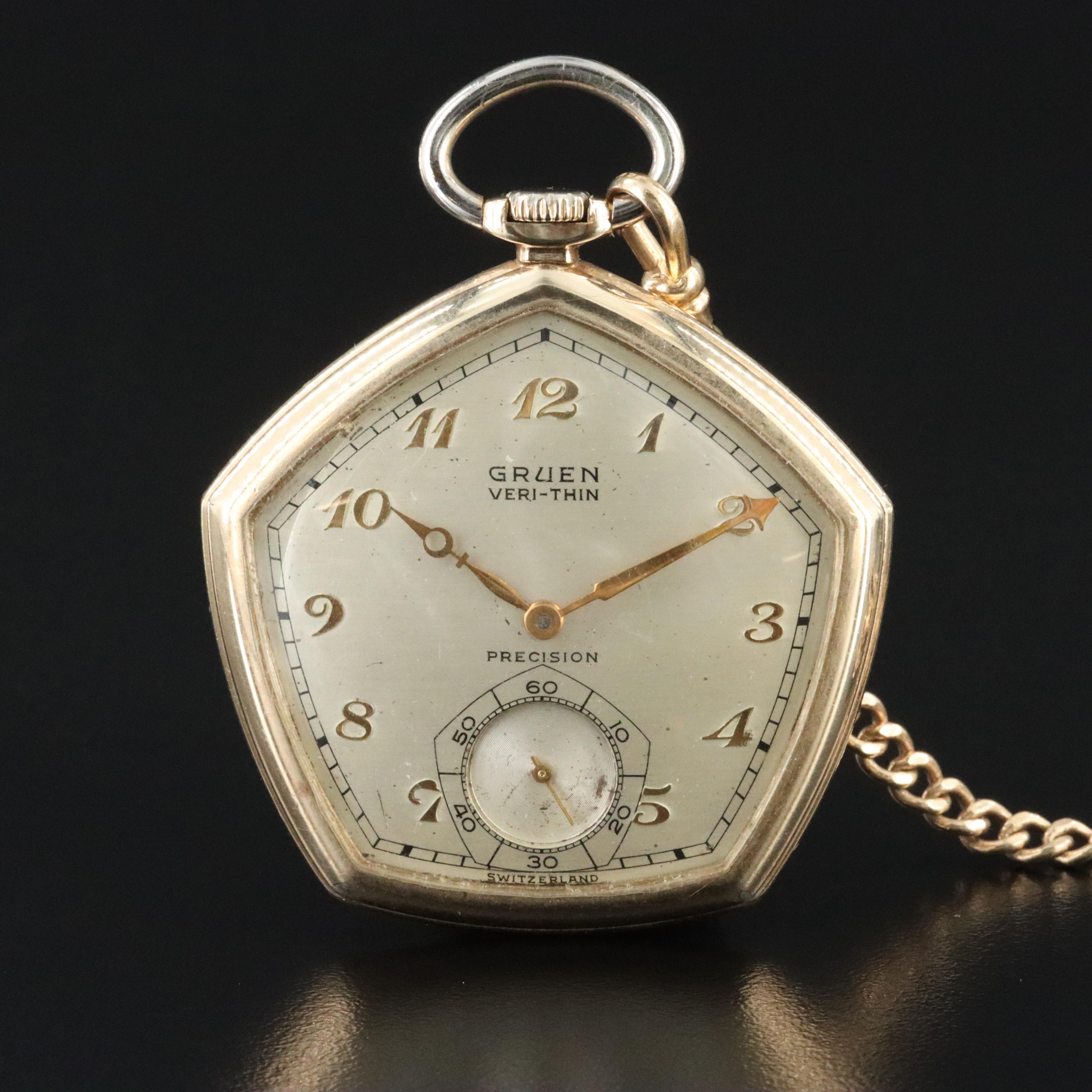 Gruen Veri-Thin Precision Gold-Filled Pentagon Pocket Watch with 14K Fob
