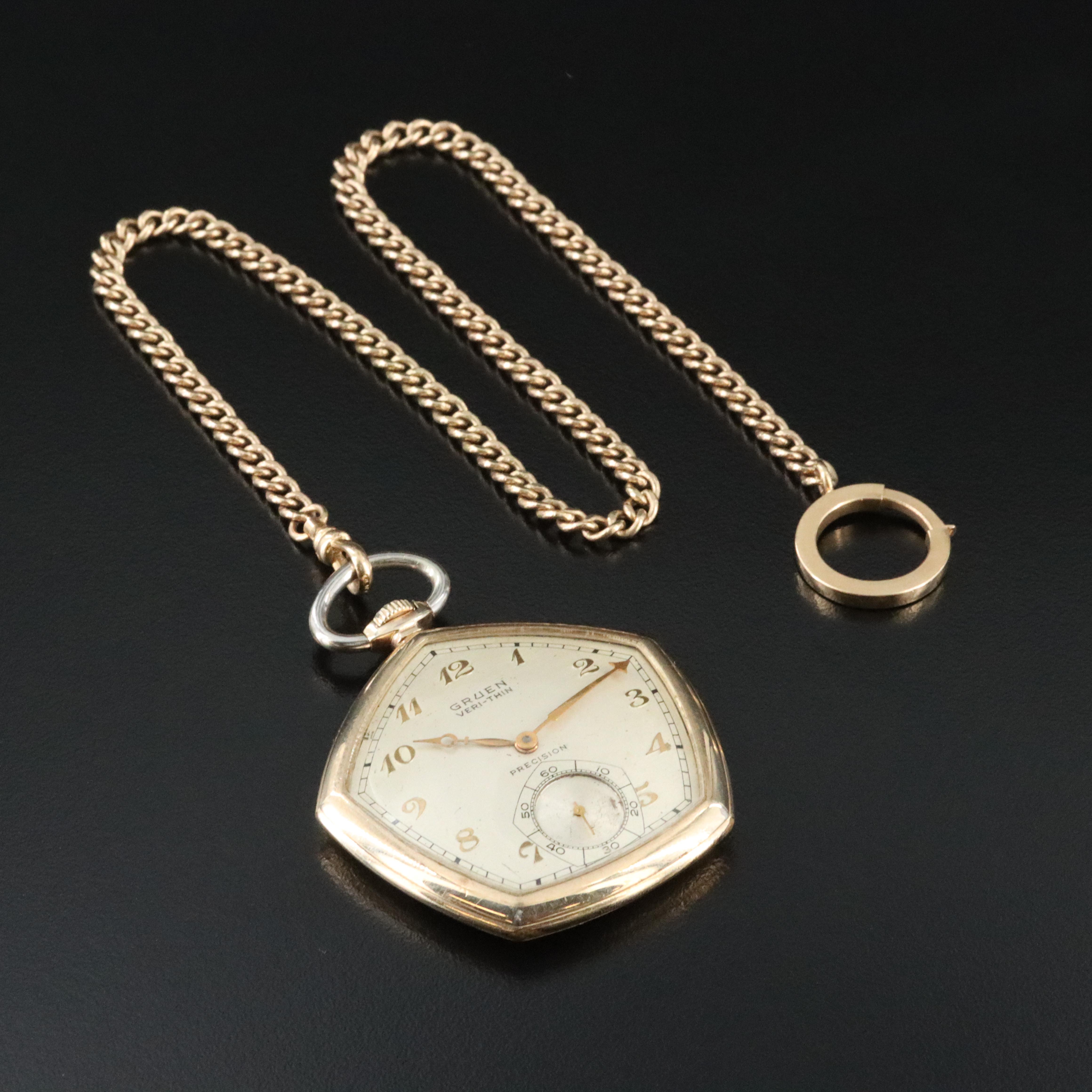 Gruen Veri-Thin Precision Gold-Filled Pentagon Pocket Watch with 14K Fob