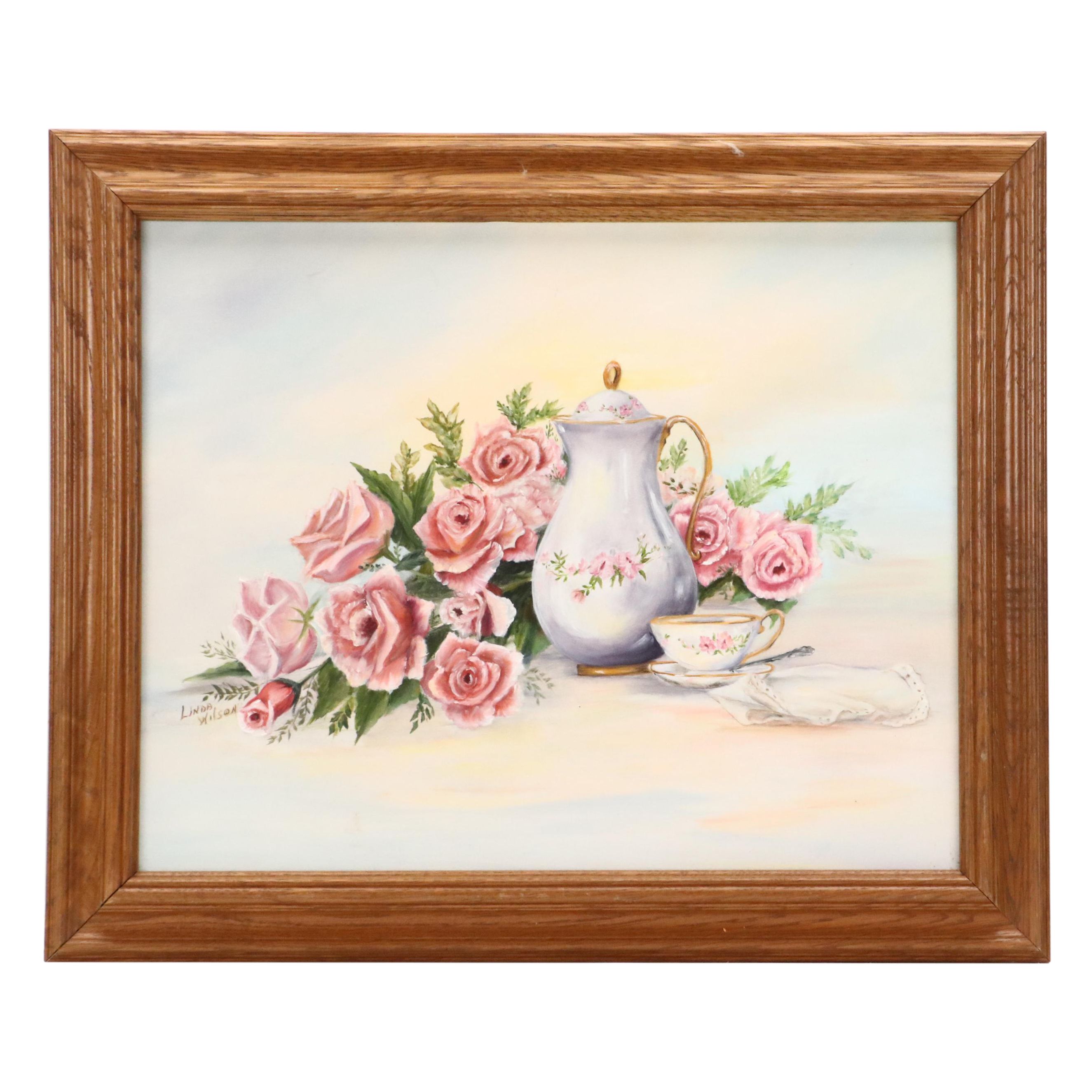 Linda Wilson Oil Painting Still Life of Roses and Tea Set, Late 20th Century