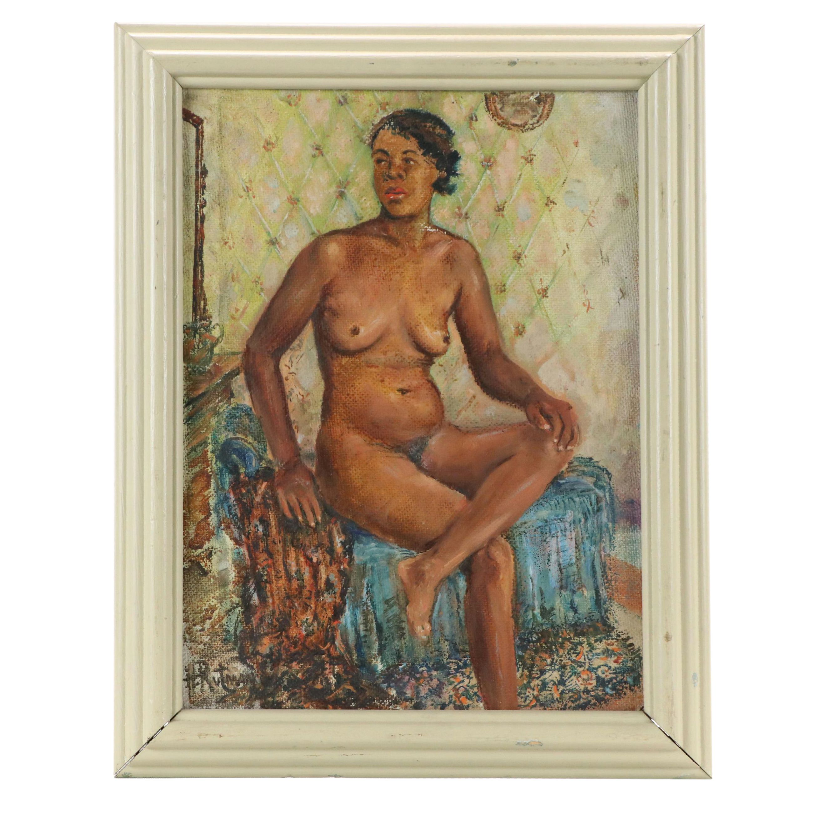 H. Rutman Nude Figural Oil Painting of Seated Woman, 20th Century