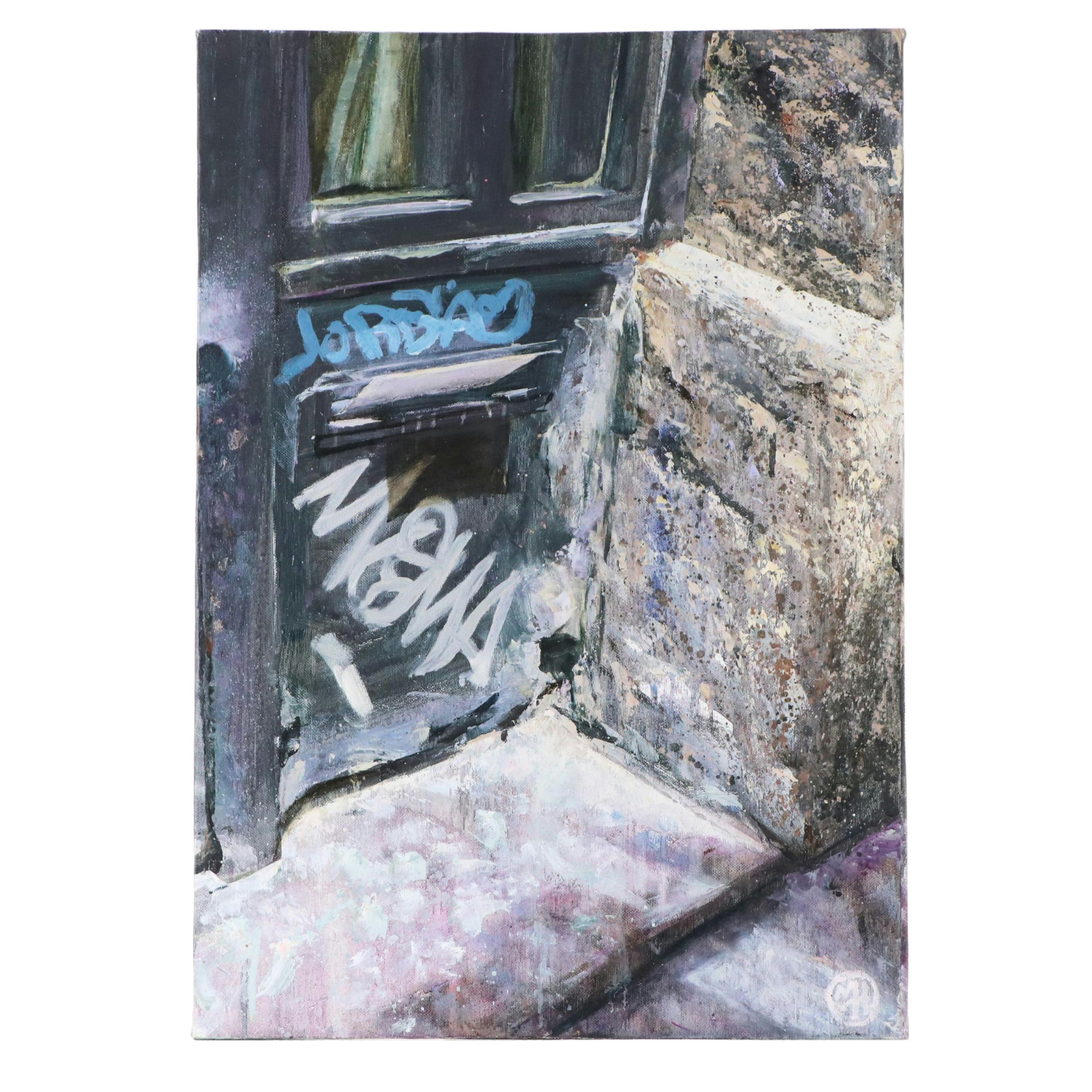 Mark Harmon Oil Painting of Door with Graffiti, 21st Century