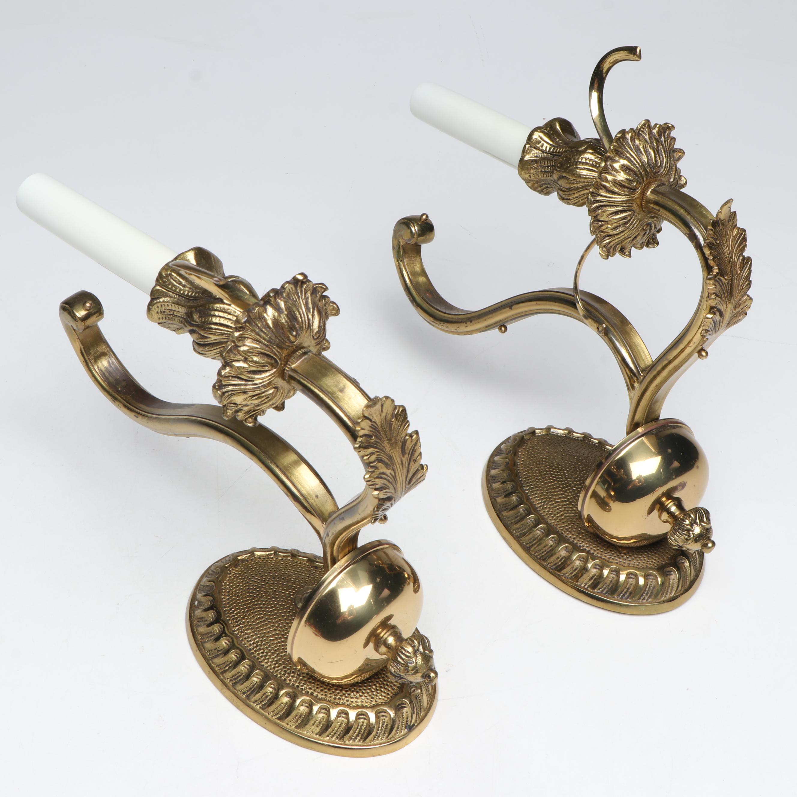 Pair of Empire Style Brass Single-Arm Wall Sconces with Clip-On Ruffled Shades