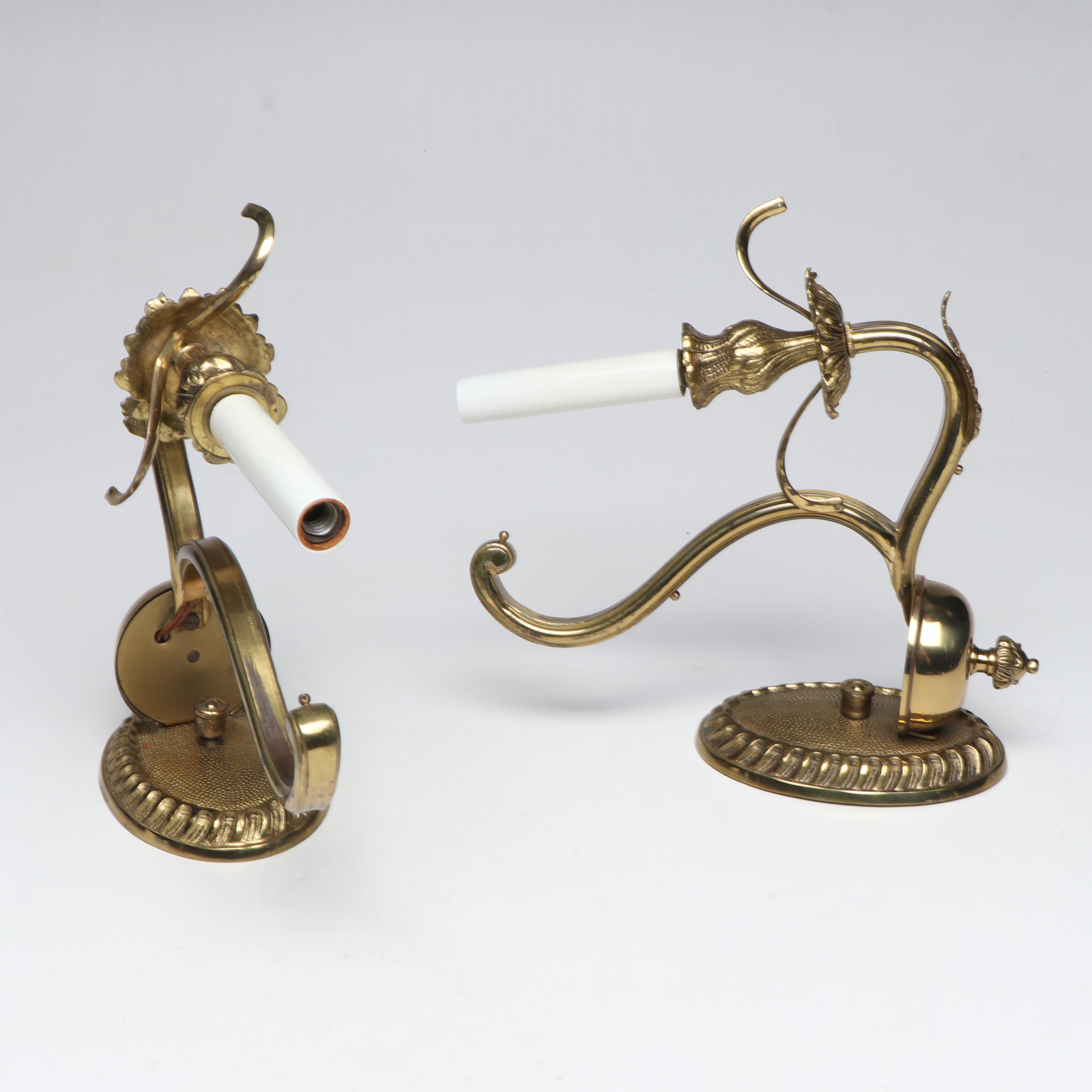 Pair of Empire Style Brass Single-Arm Wall Sconces with Clip-On Ruffled Shades