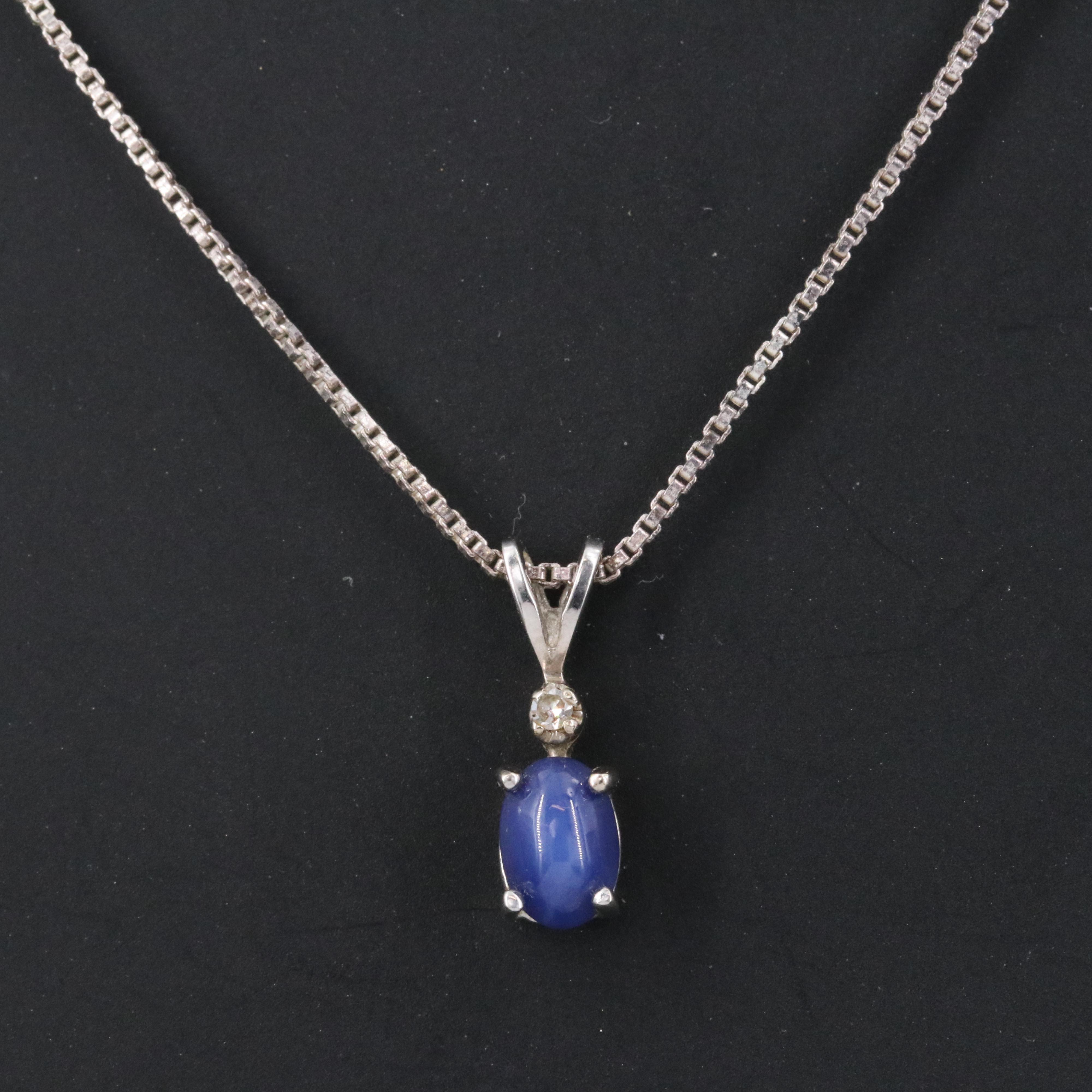 14K Star Sapphire and Diamond Pendant on Sterling Box Chain Necklace
