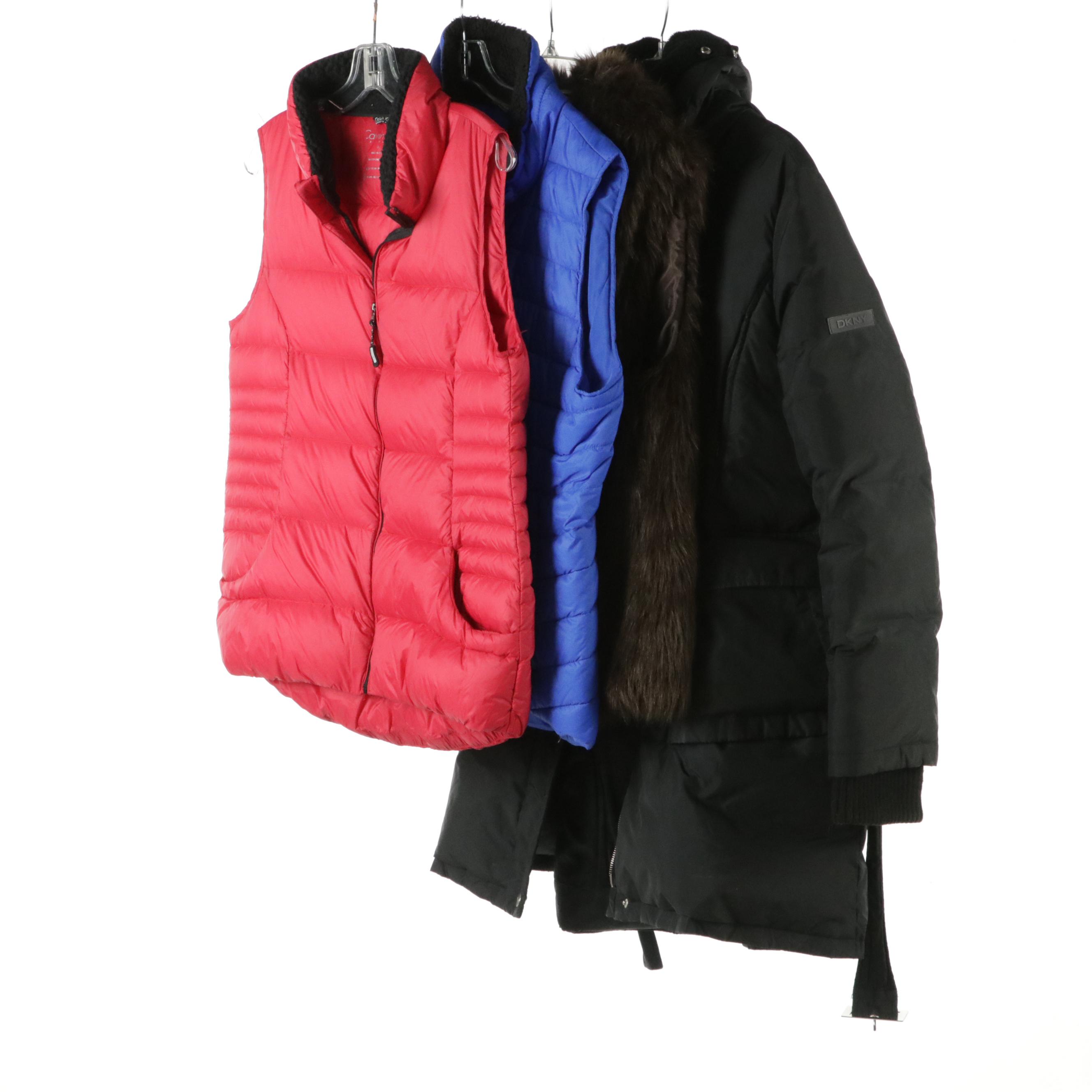 DKNY Mid-Length Puffer Coat, Jones New York Faux Fur Vest, Calvin Klein Vests