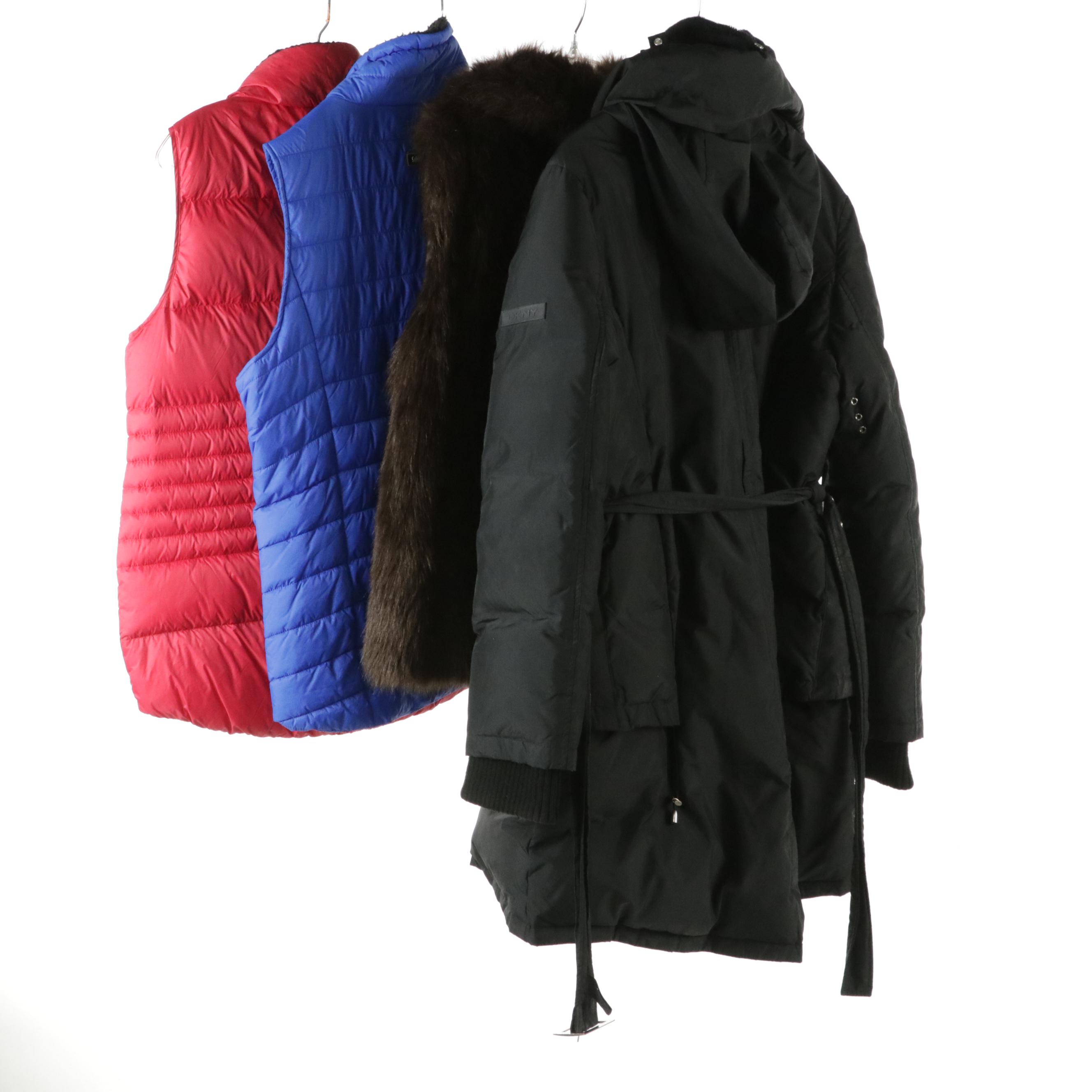 DKNY Mid-Length Puffer Coat, Jones New York Faux Fur Vest, Calvin Klein Vests