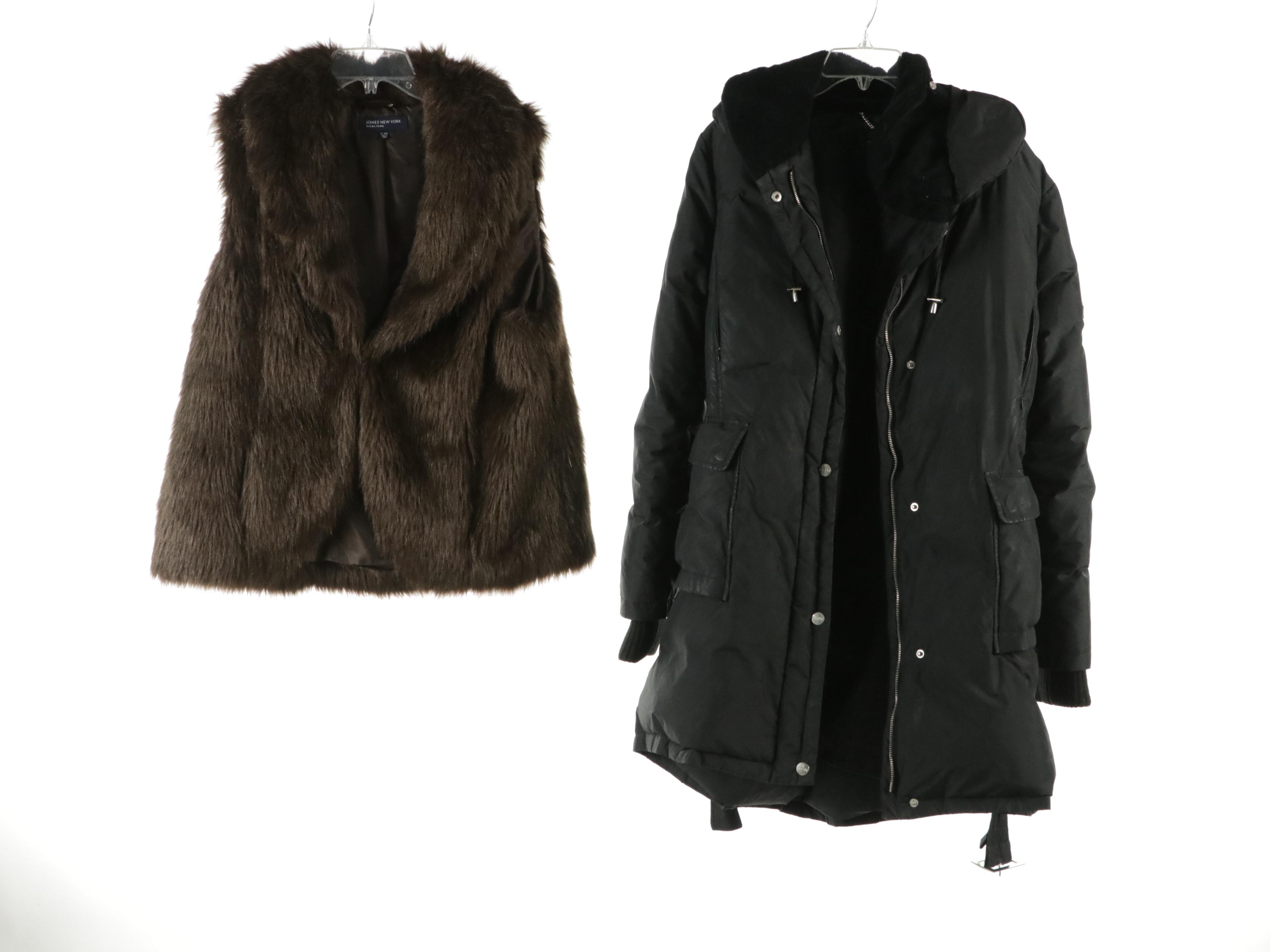 DKNY Mid-Length Puffer Coat, Jones New York Faux Fur Vest, Calvin Klein Vests