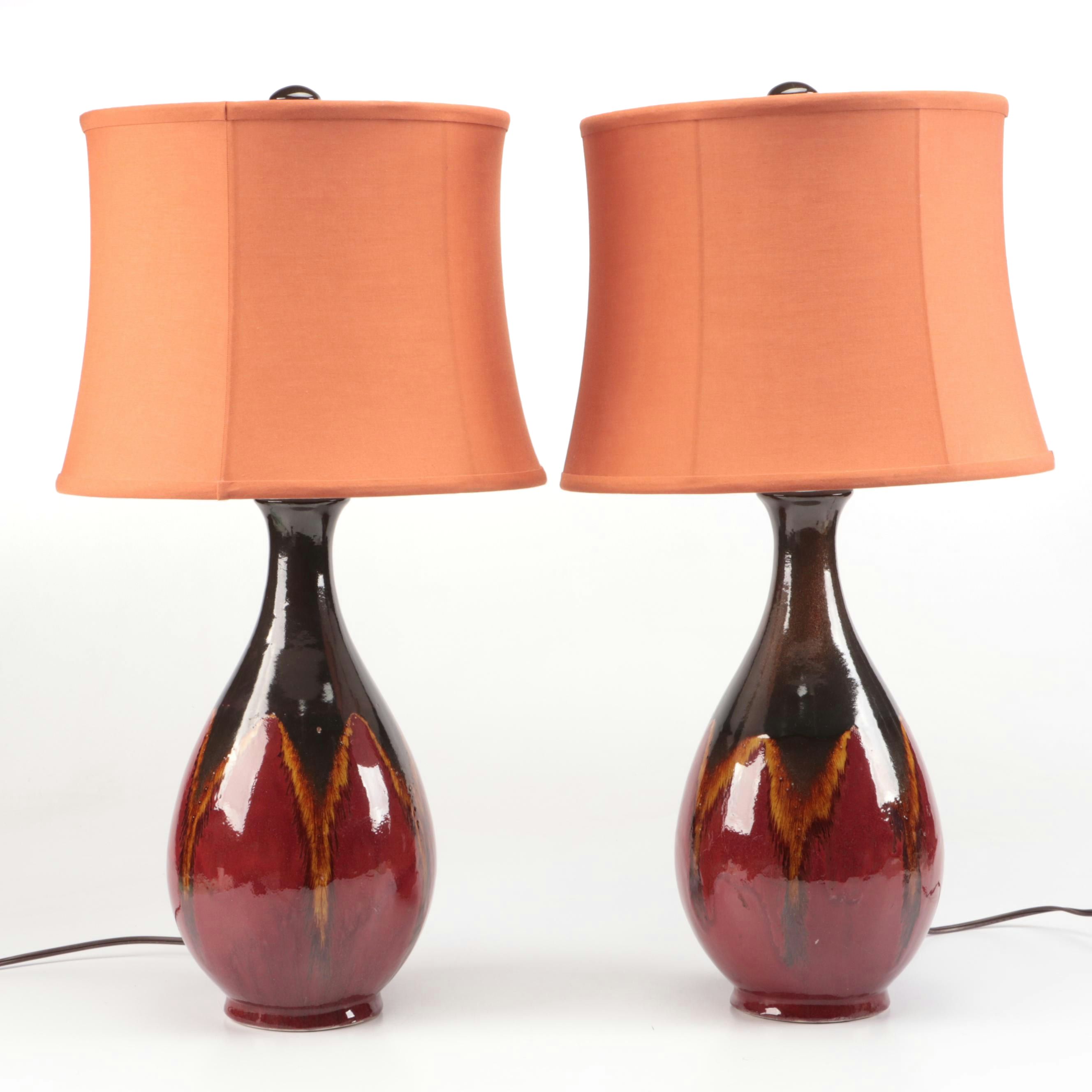 MCM Flambeau Glaze Ceramic Table Lamps with Tanner Kenzie Coral Shades