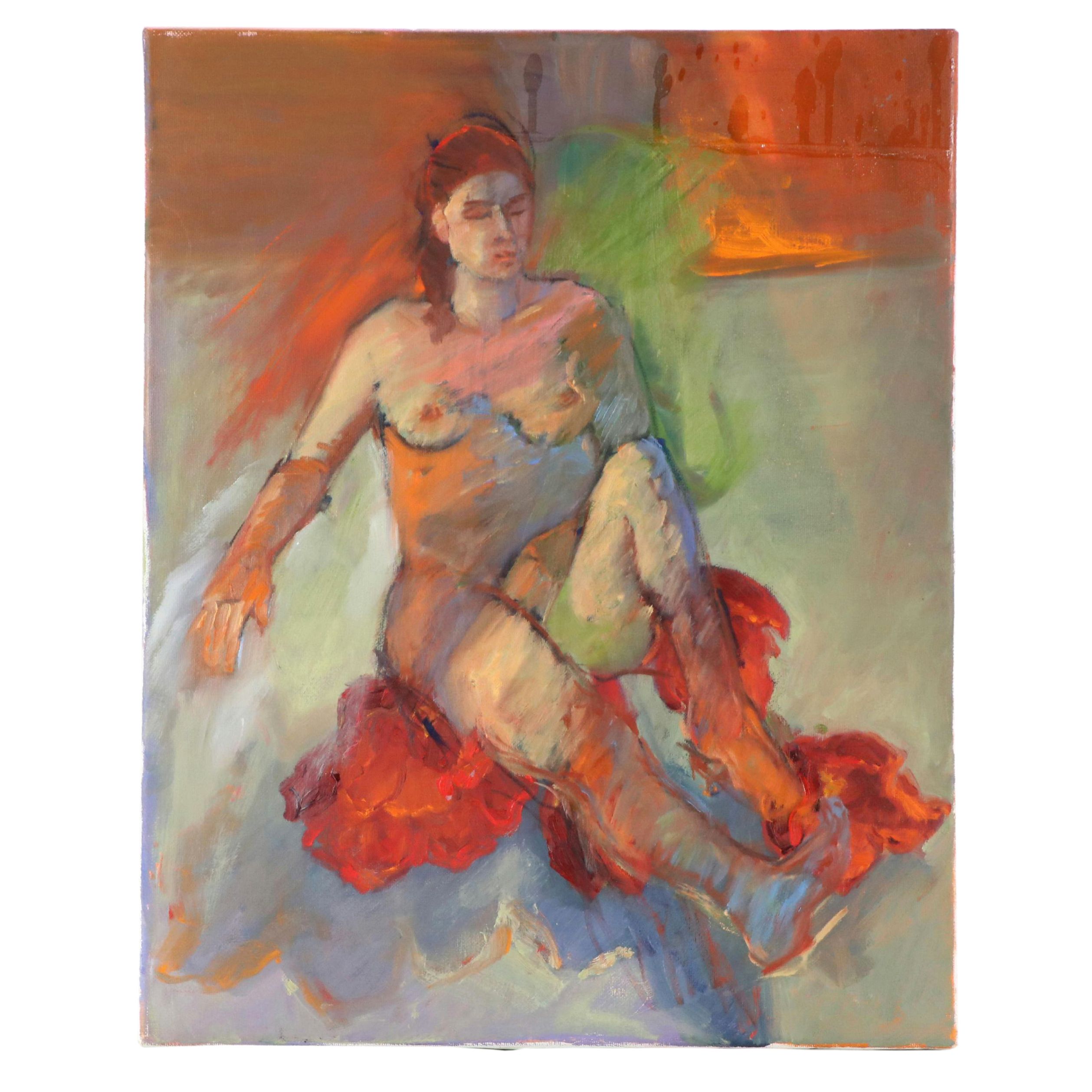 Stylized Figural Oil Painting of Seated Nude Woman