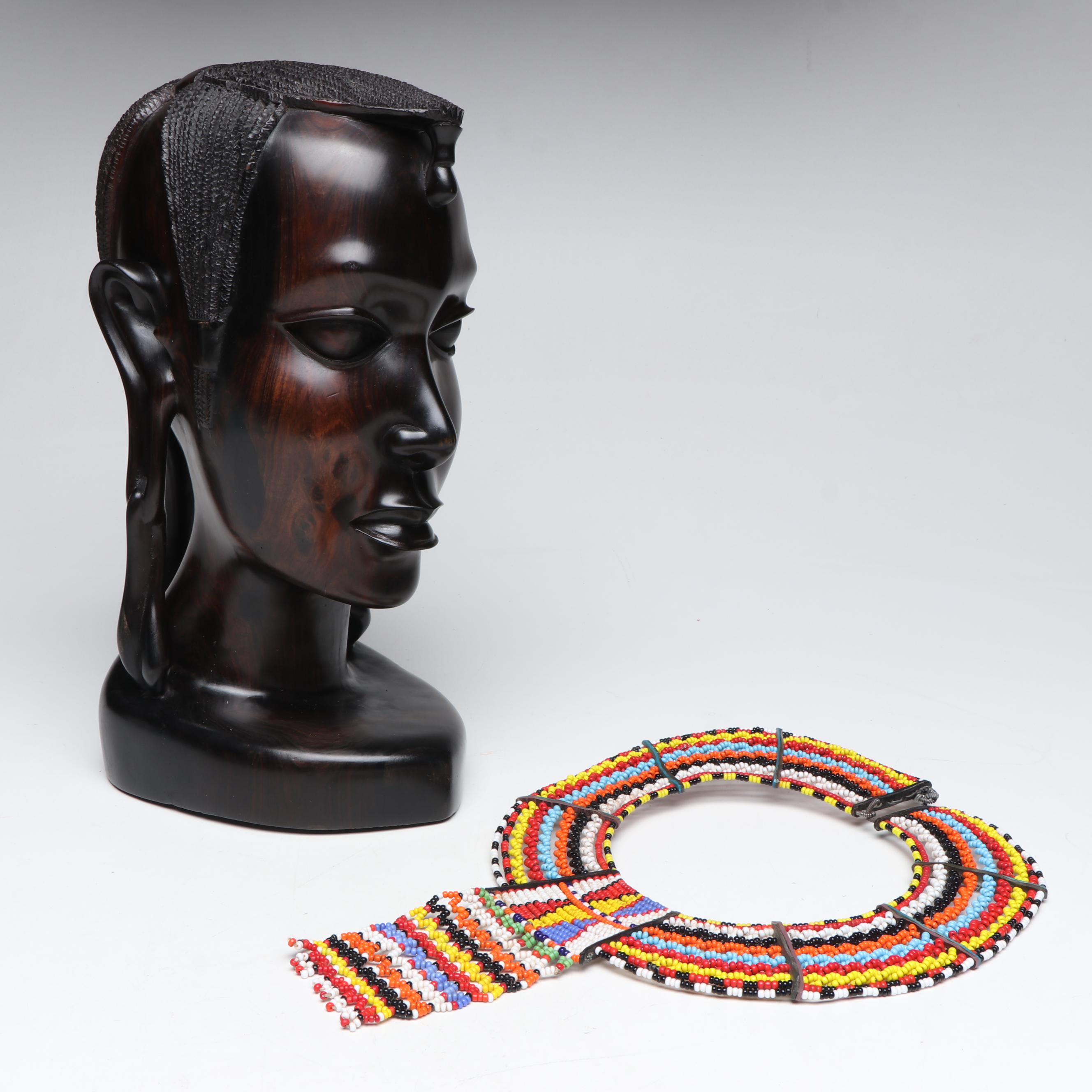 Makonde Carved Ebony Bust and Handmade Kenyan Souvenir Bead Necklace