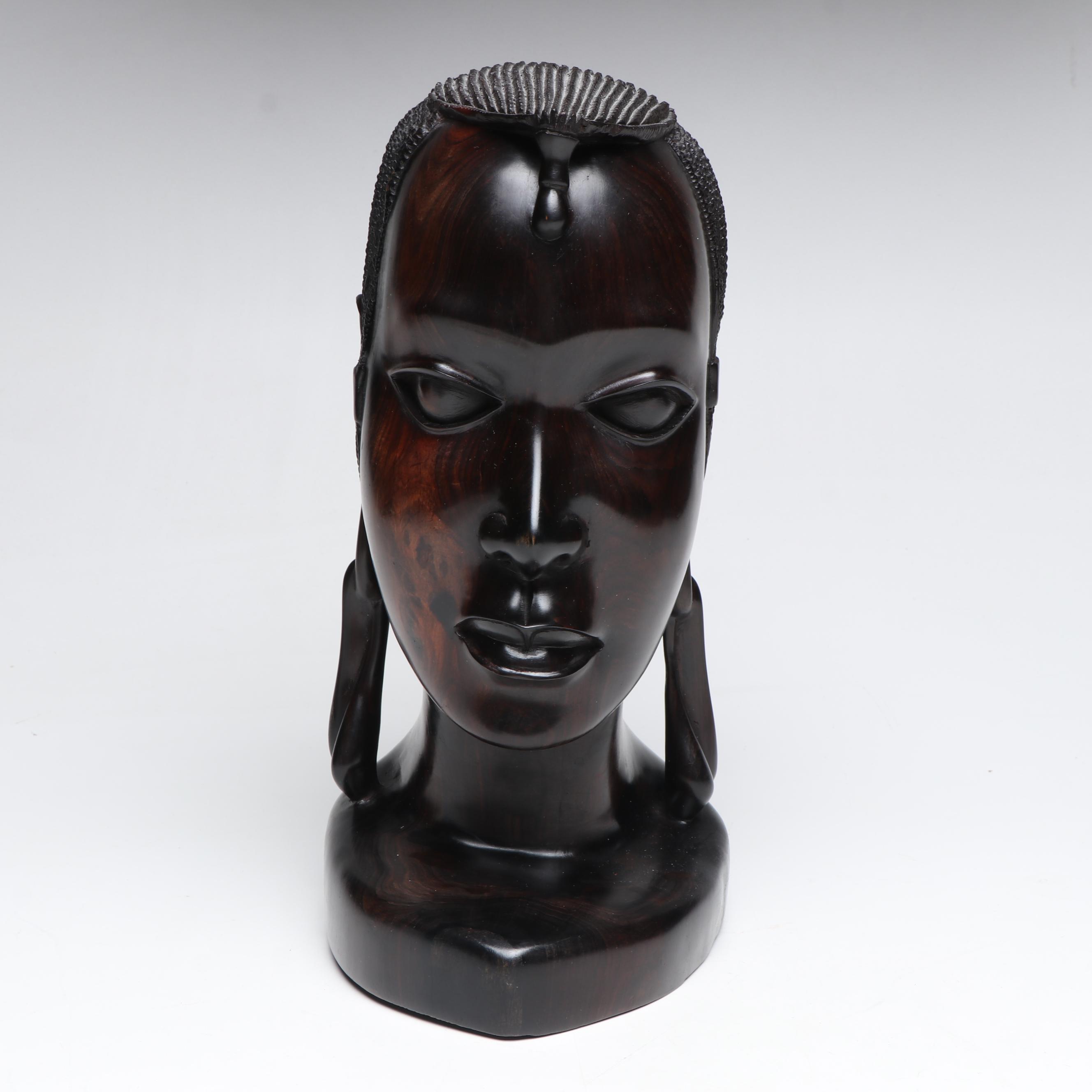 Makonde Carved Ebony Bust and Handmade Kenyan Souvenir Bead Necklace