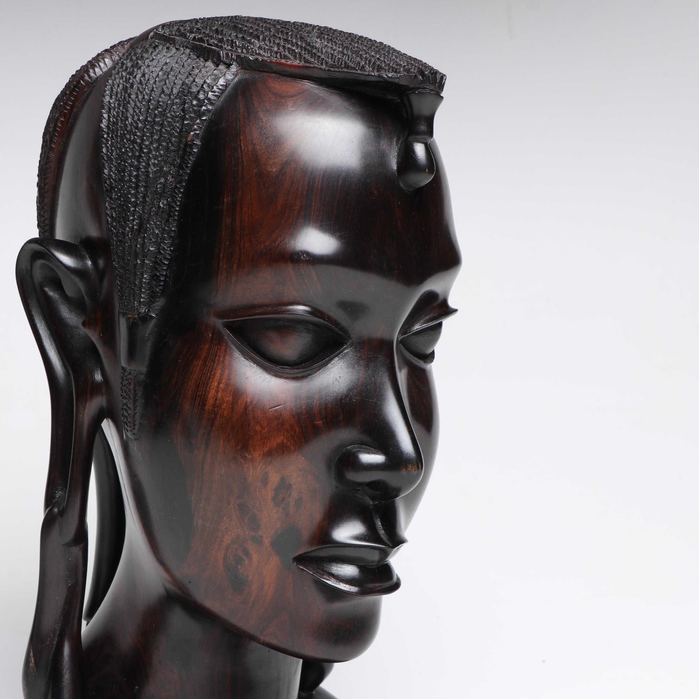 Makonde Carved Ebony Bust and Handmade Kenyan Souvenir Bead Necklace