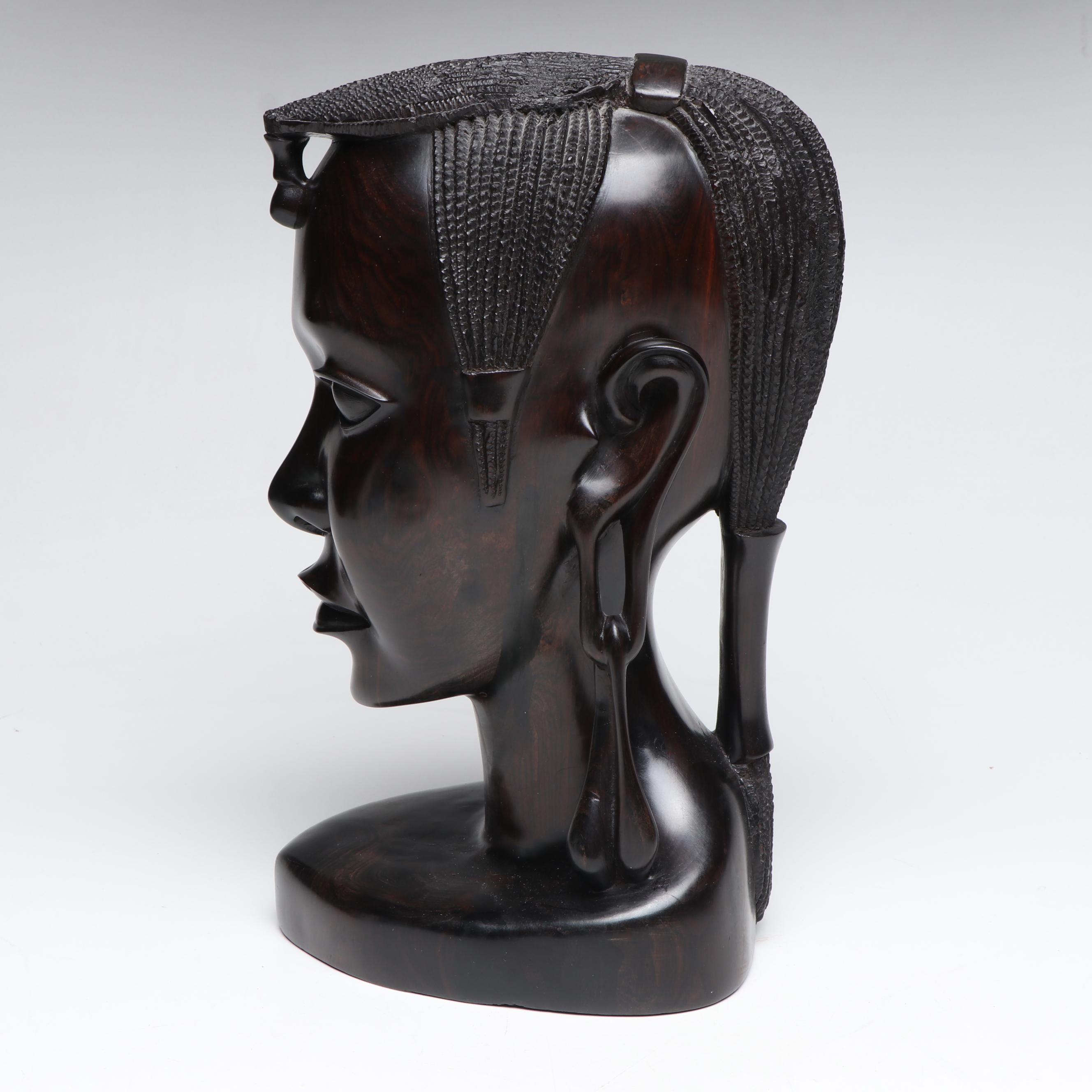 Makonde Carved Ebony Bust and Handmade Kenyan Souvenir Bead Necklace