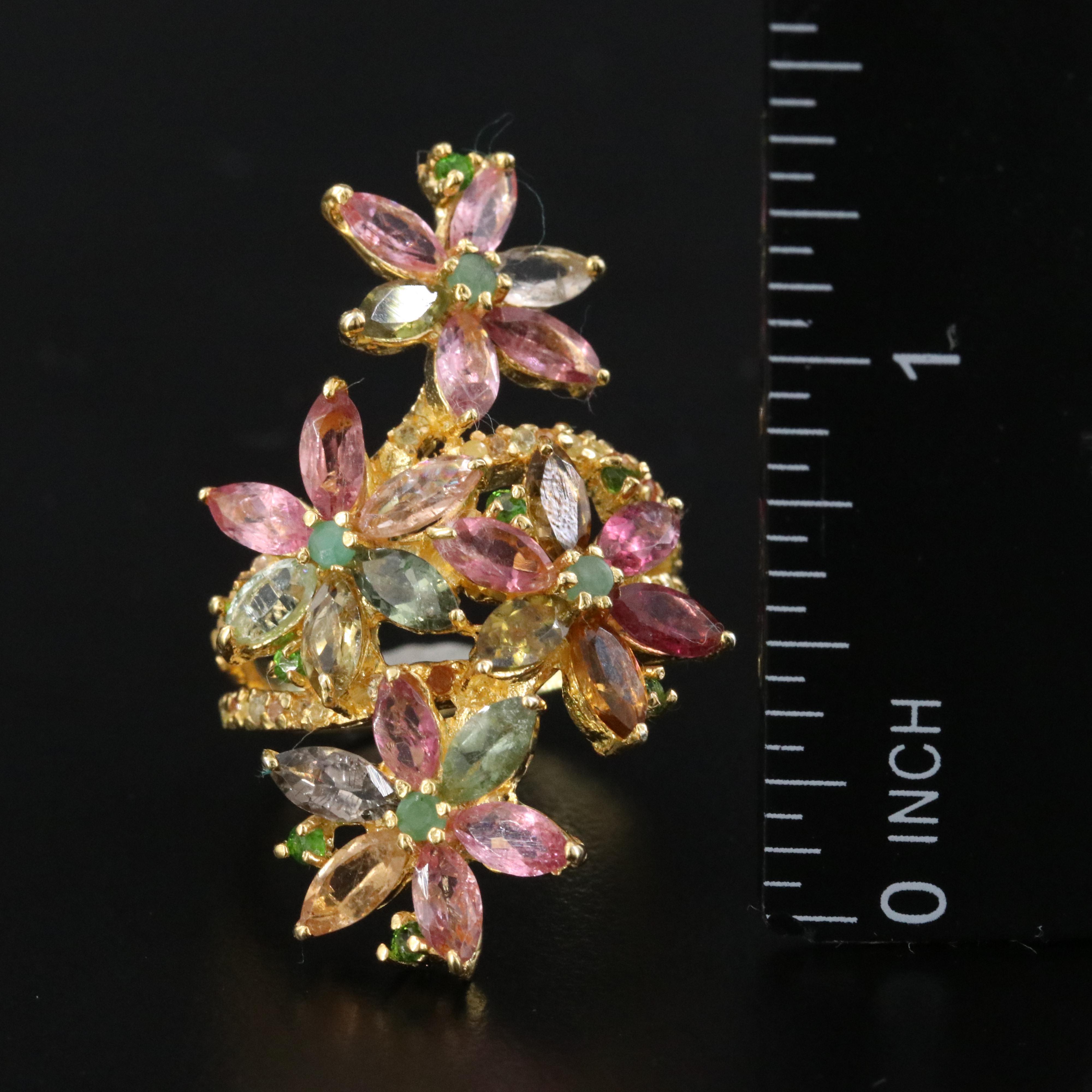 Sterling Tourmaline, Emerald and Diopside Floral Spray Ring