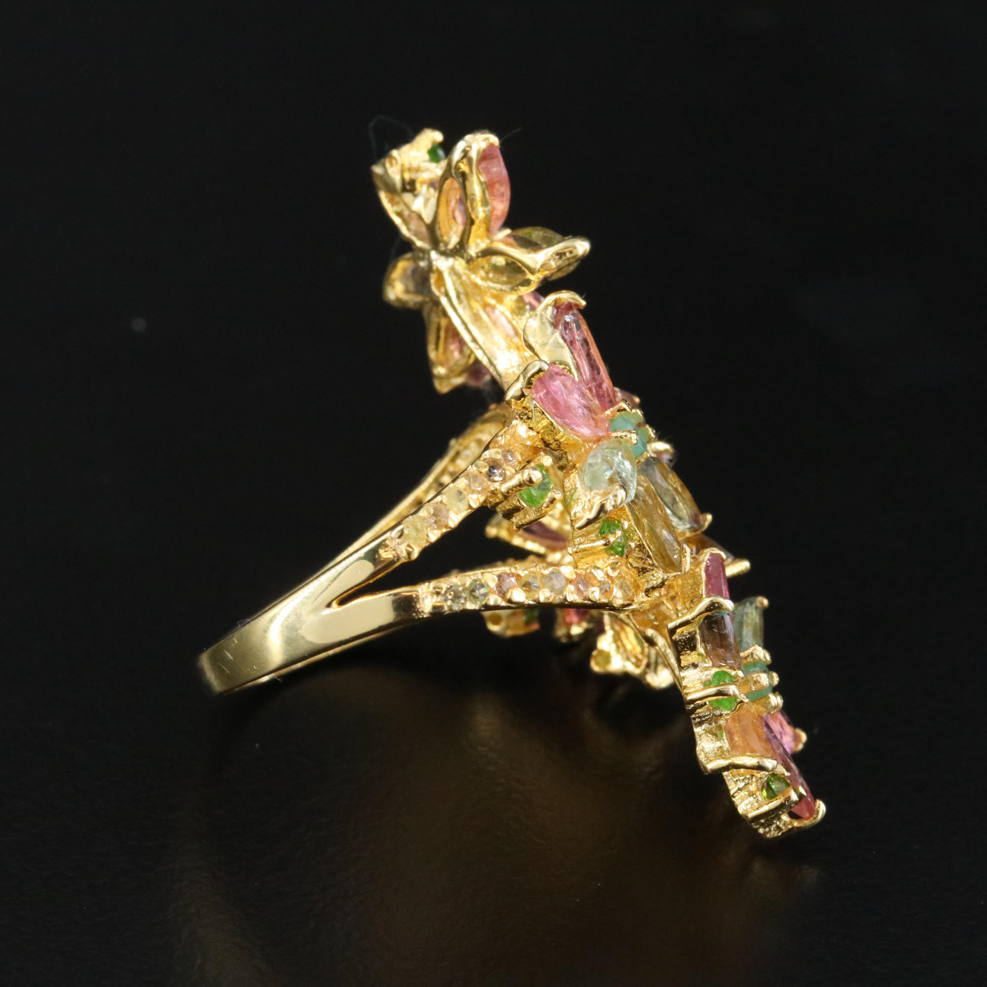 Sterling Tourmaline, Emerald and Diopside Floral Spray Ring