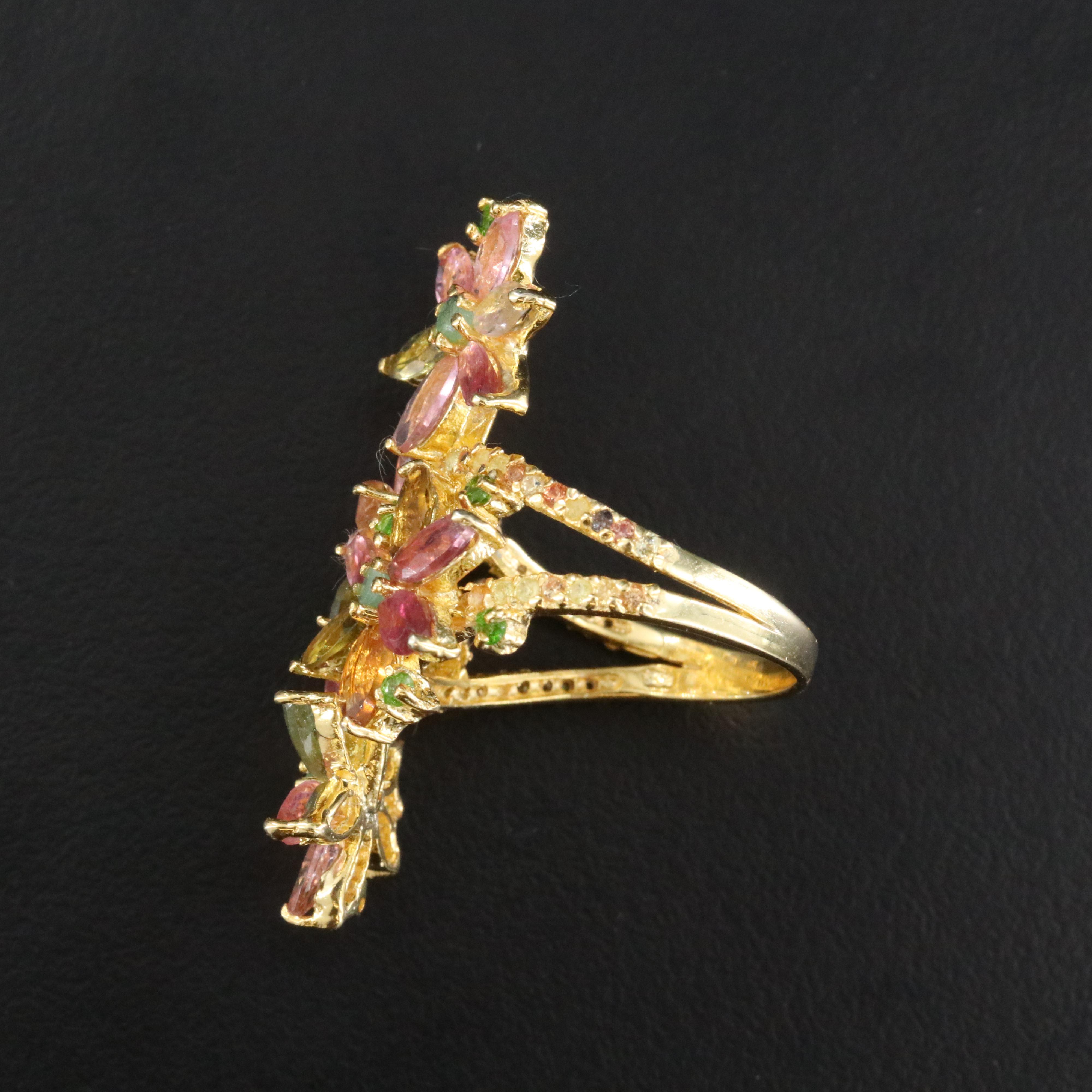 Sterling Tourmaline, Emerald and Diopside Floral Spray Ring