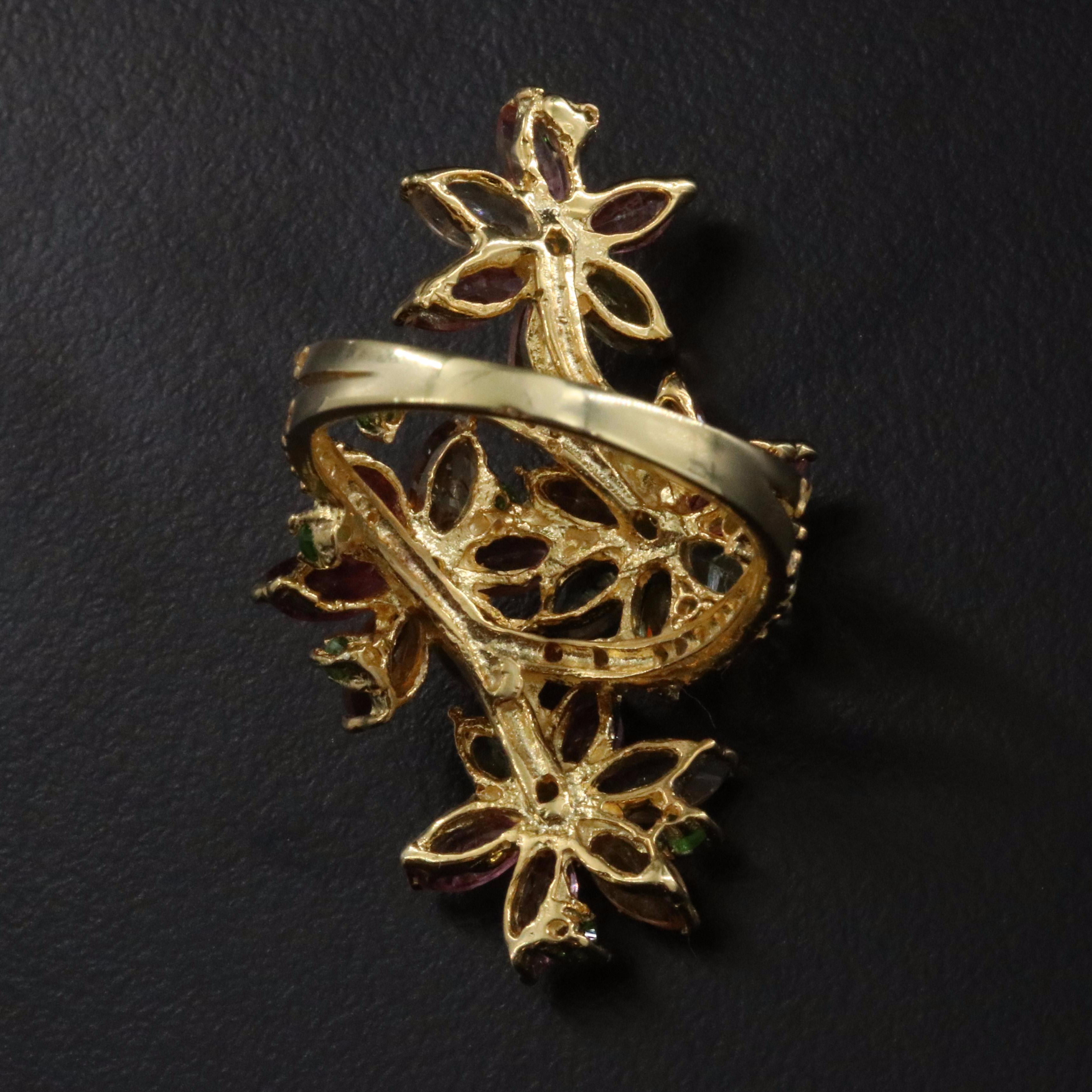 Sterling Tourmaline, Emerald and Diopside Floral Spray Ring