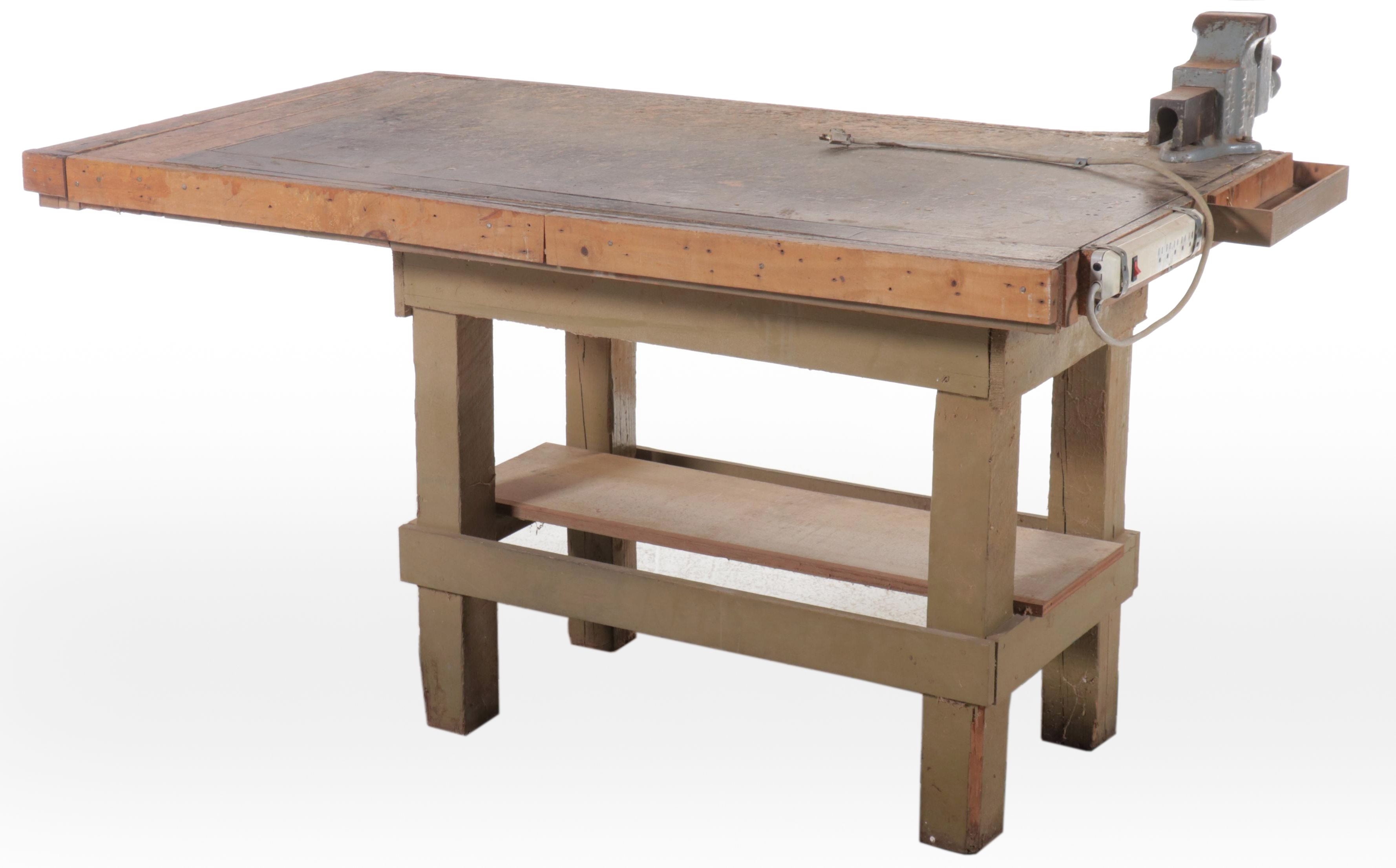 Vintage Wooden Work Table with O. Parker Co. Bench Vise