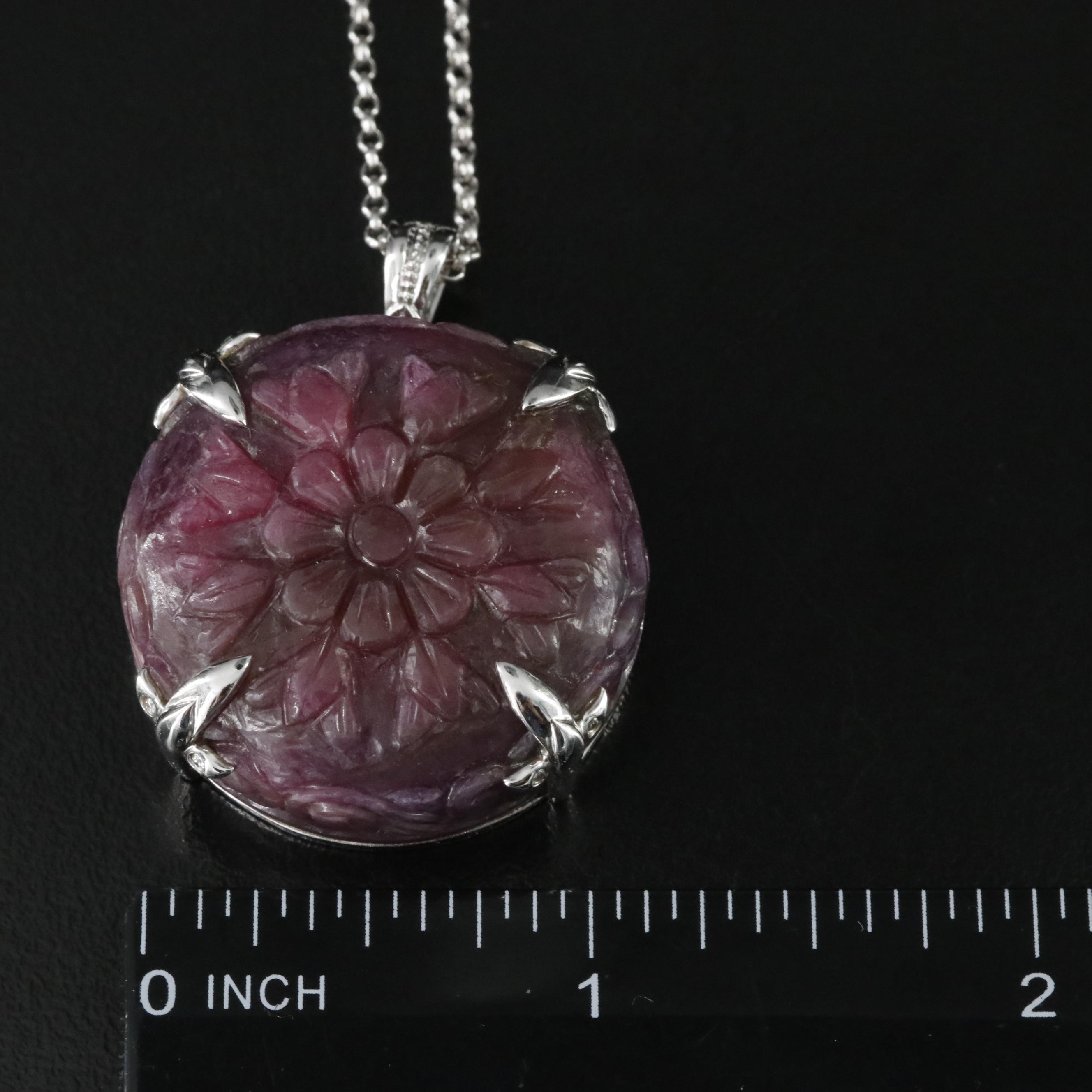 Chromia 18K 126.96 CT Carved Ruby Flower and Diamond Enhancer Pendant Necklace