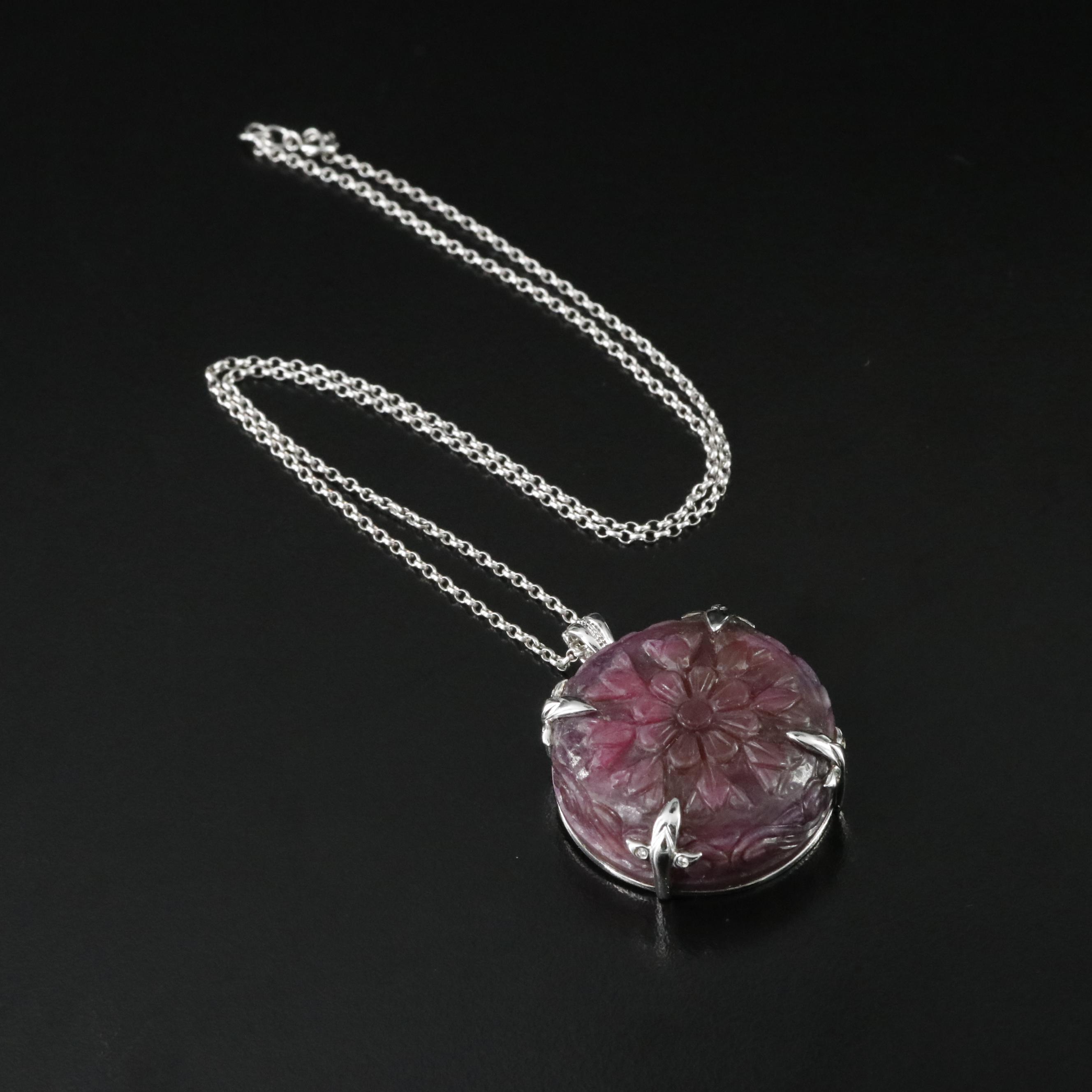Chromia 18K 126.96 CT Carved Ruby Flower and Diamond Enhancer Pendant Necklace