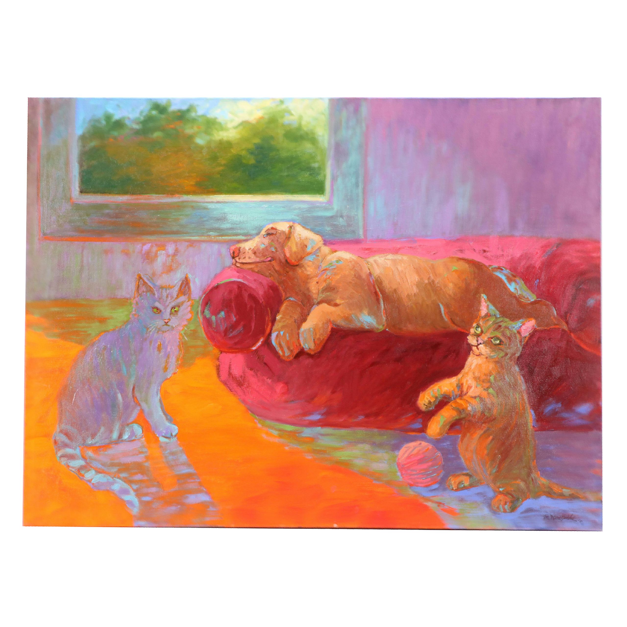 Martha Newfield Oil Painting of Cats and Dog "Ignorance Is Bliss," 2008